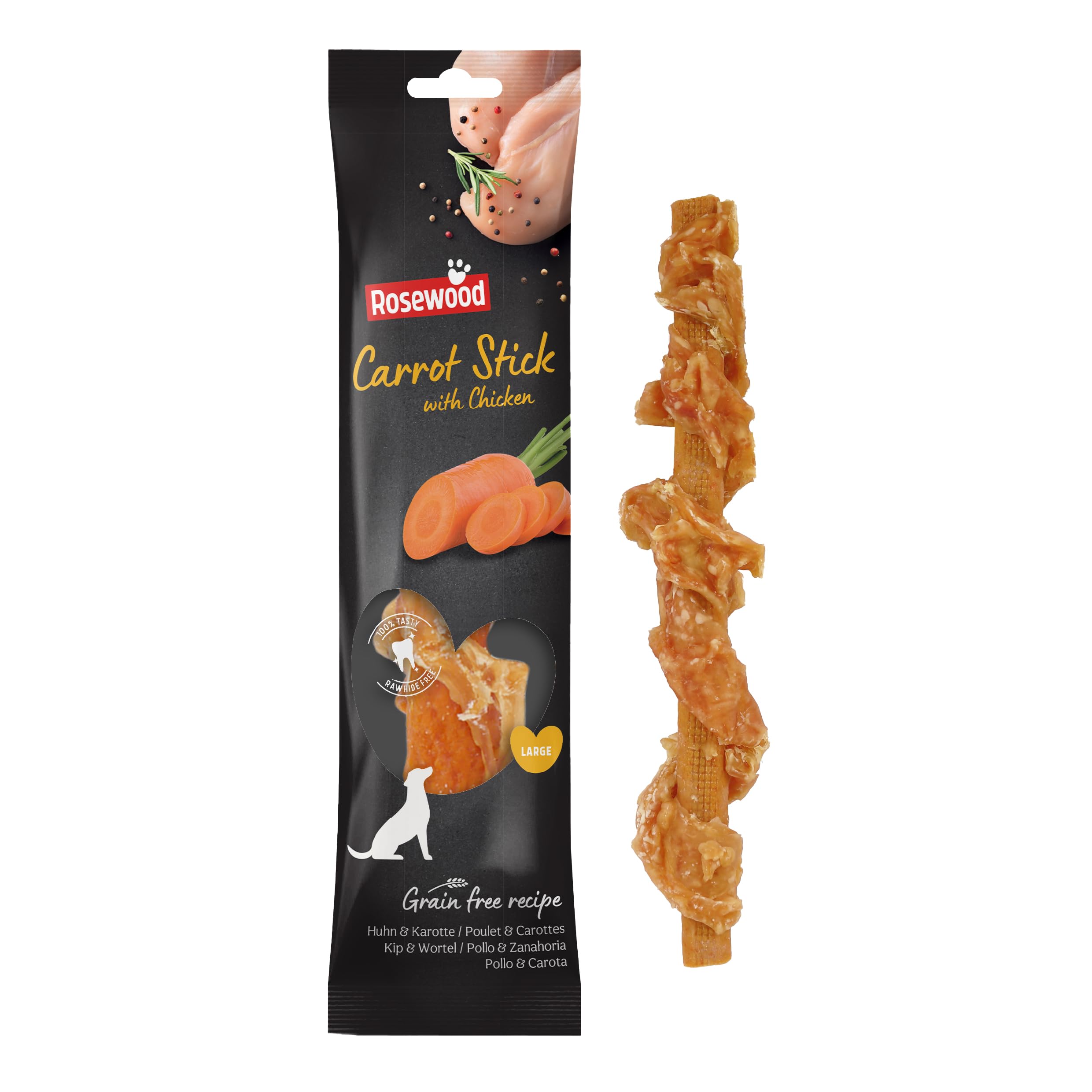 Rosewood Giant Chicken and Carrot Stick for Dogs – Real Meat Treats, Grain-Free, High Protein, Supports Dental Hygiene, No Added Sugar, No Artificial Colours or Flavours (70g)