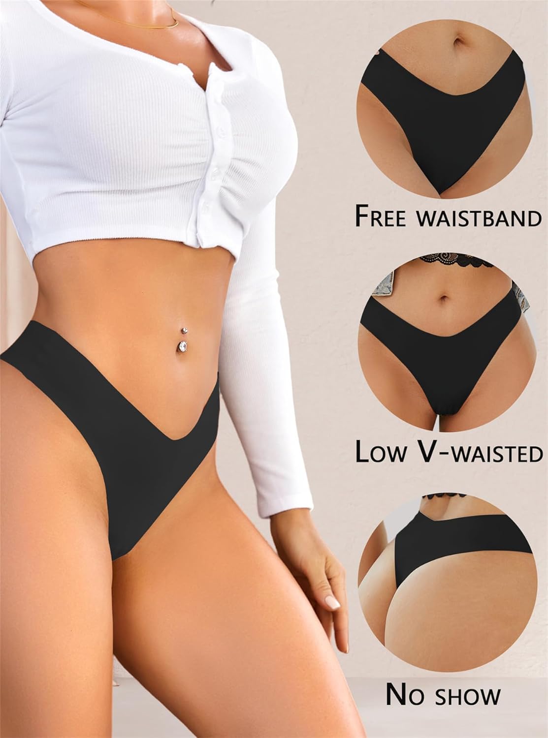Seamless Thongs for Women No Show V-waisted Invisible Sexy Panties Tangas Thong Underwear Women 6 Pack - Image 5