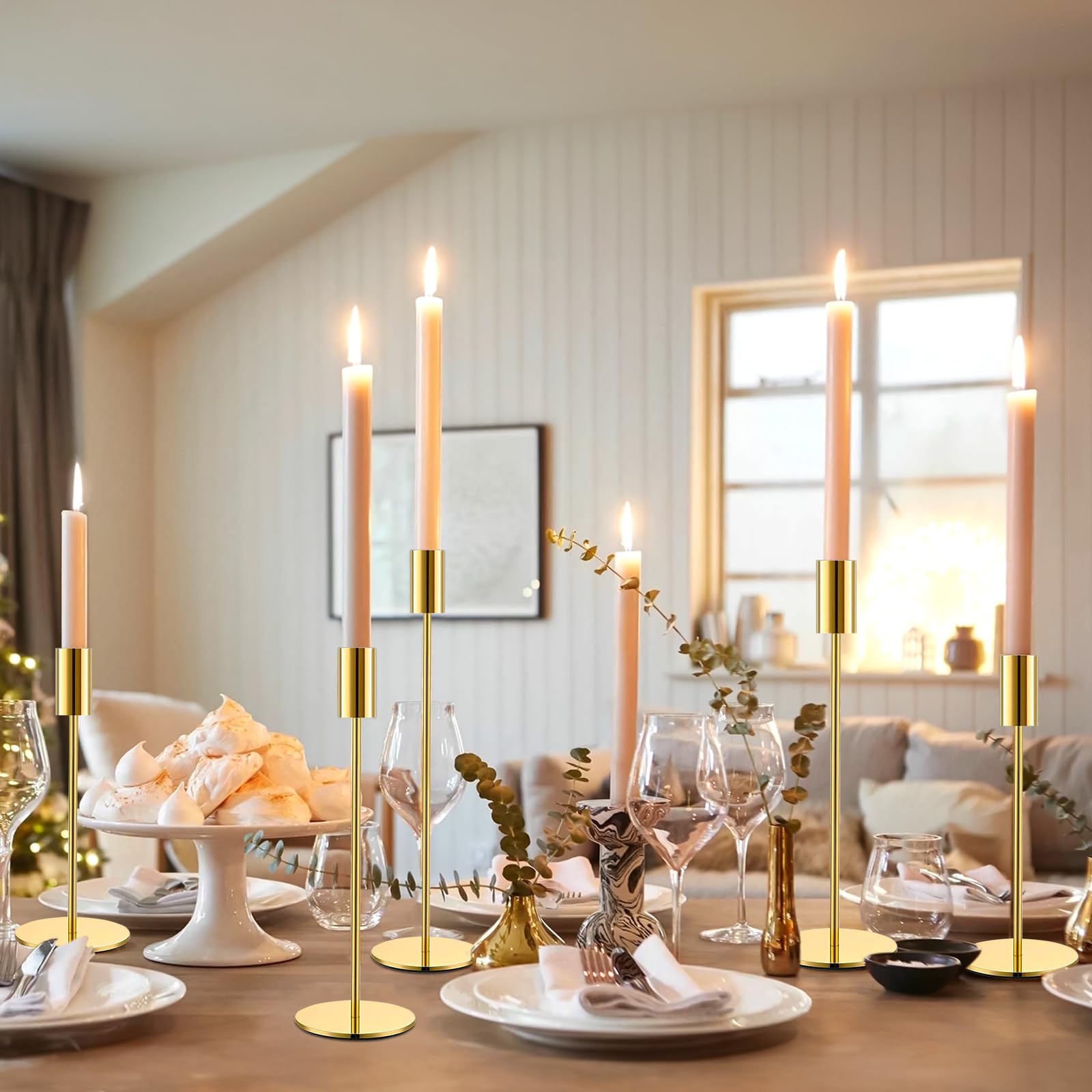 Portacandele in Metallo, Set di 9 Porta Candele da Tavolo 32/27/22cm, Centrotavola Portacandele Cono, per Candele Coniche da 2.2cm, Candelabro Moderno per Matrimoni, Natale, Cena a Lume