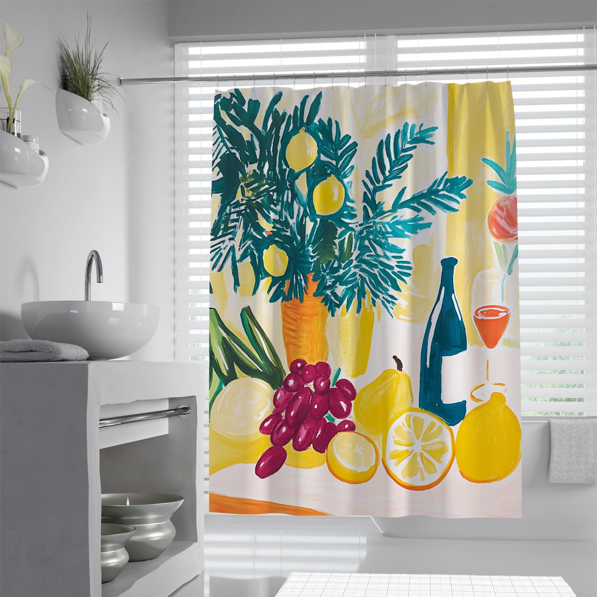 Rideau de douche en tissu au charme rétro vigne et citron pour une salle de bain relaxante