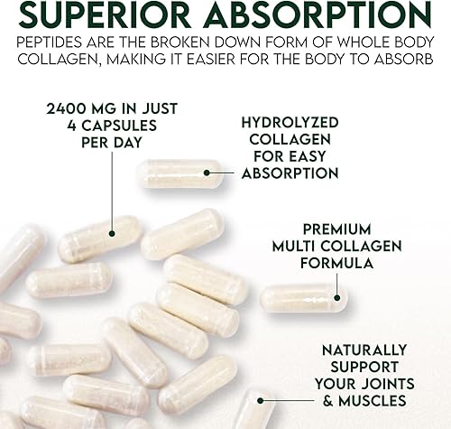 Miniatura 8 de Suplemento de colágeno múltiple de 2400 mg  Complejo de píldoras de colágeno múltiple hidrolizado tipo I, II, III, V y X, suplementos de péptidos de