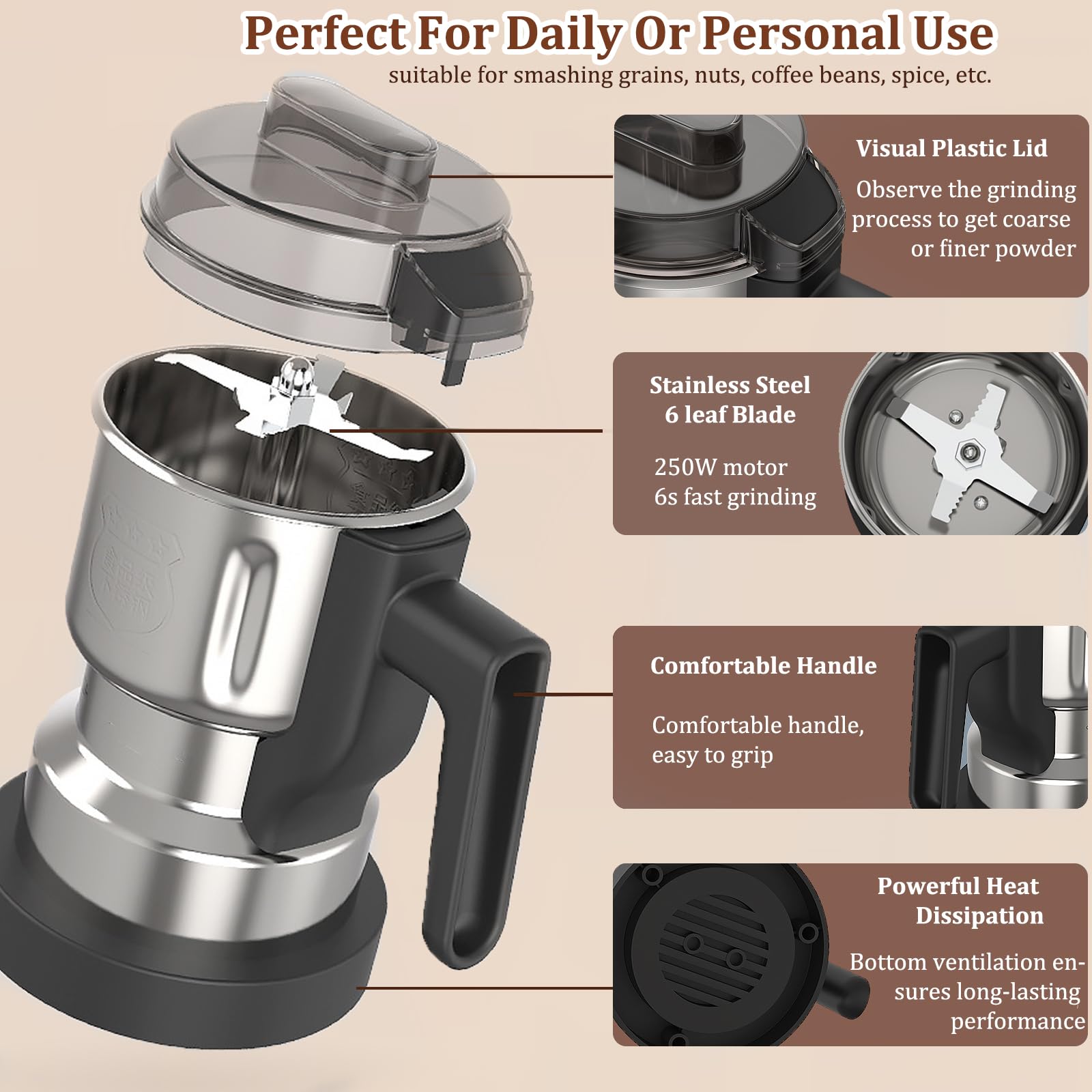 Molinillo de especias, potente molinillo de café eléctrico de 250 W, mini molinillo casero de 500 ml con 6 cuchillas de acero para moler frijoles de café, especias, hierbas secas, frutos secos