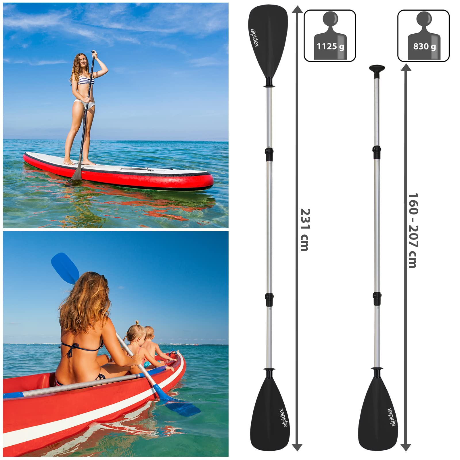 ALPIDEX 2 en 1 Pala Telescópica Aluminio Kayak Ajustable Ligero Doble Paddle Extensible 160-207cm Tabla Surf Sup Canoa Stand Up Paddle Board Kayak Remo