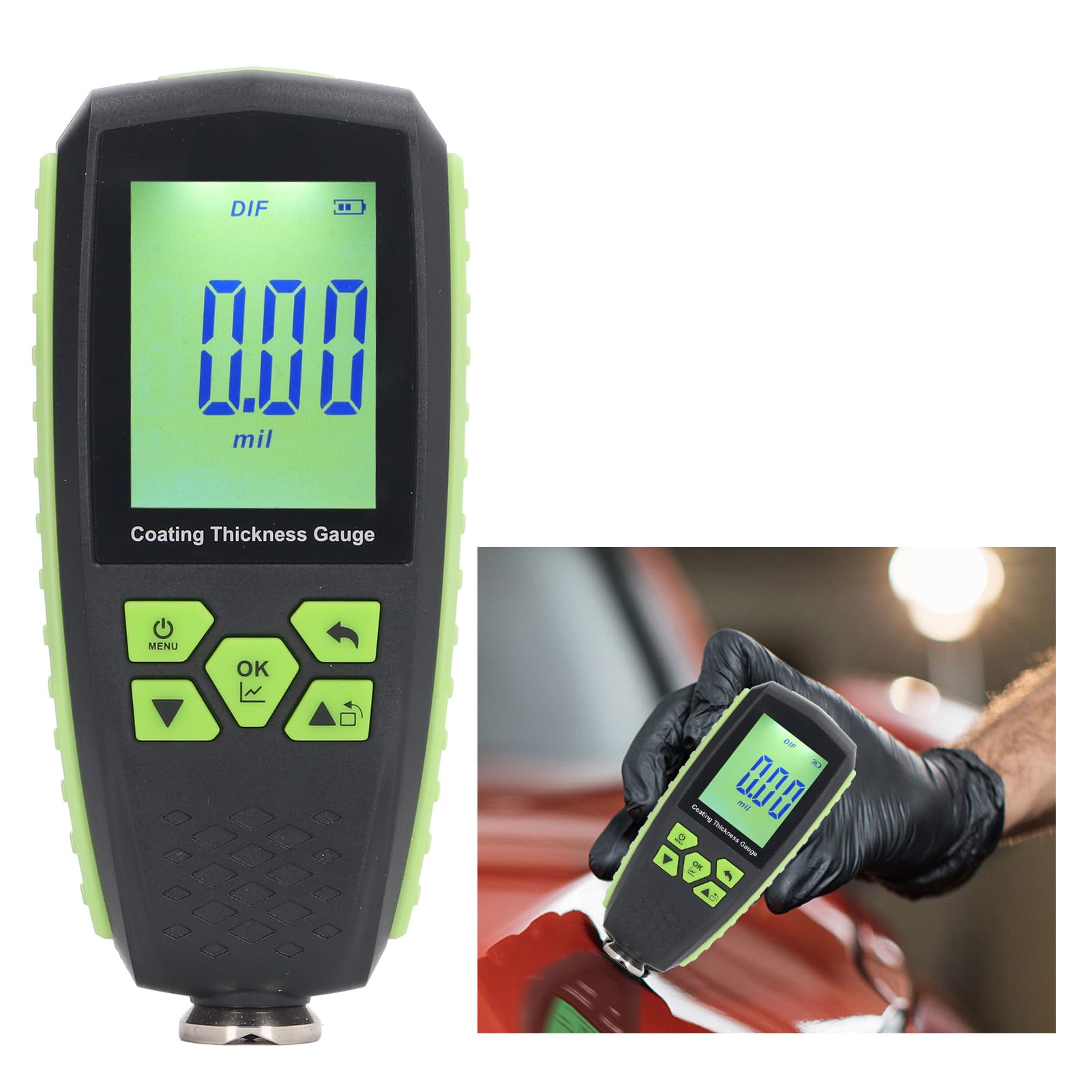 Aramox Espesor de Pintura, Medidor de Espesor de Revestimiento de Automóvil Digital ABS de 0 a 1300um 51, Detección Automática de Acero y Aluminio con Sonda Integrada para Automóviles Usados