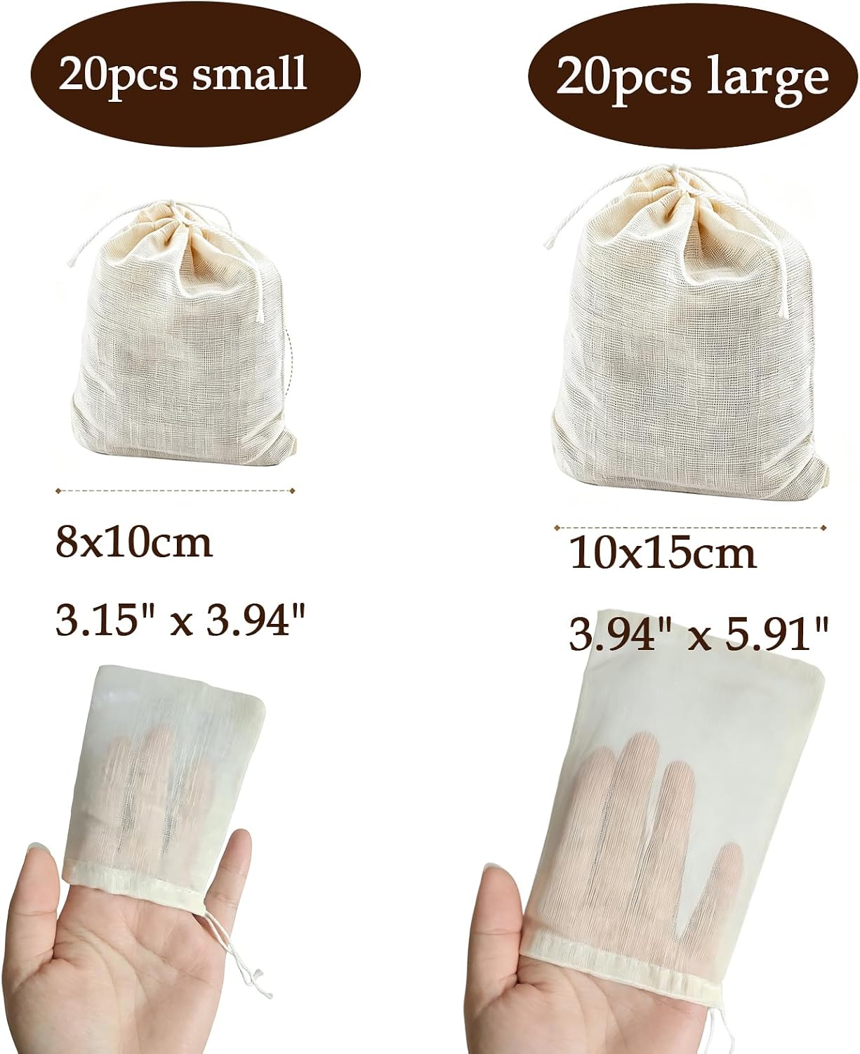 Reusable Cotton Tea Bags with Drawstring, 40 Pack Muslin Tea Filters for Loose Leaf Tea, Natural Unbleached Cotton Bags, 2 Sizes (3 x 4 Inch & 4 x 6 Inch) for Herbs, Spices, Tea & Steeping