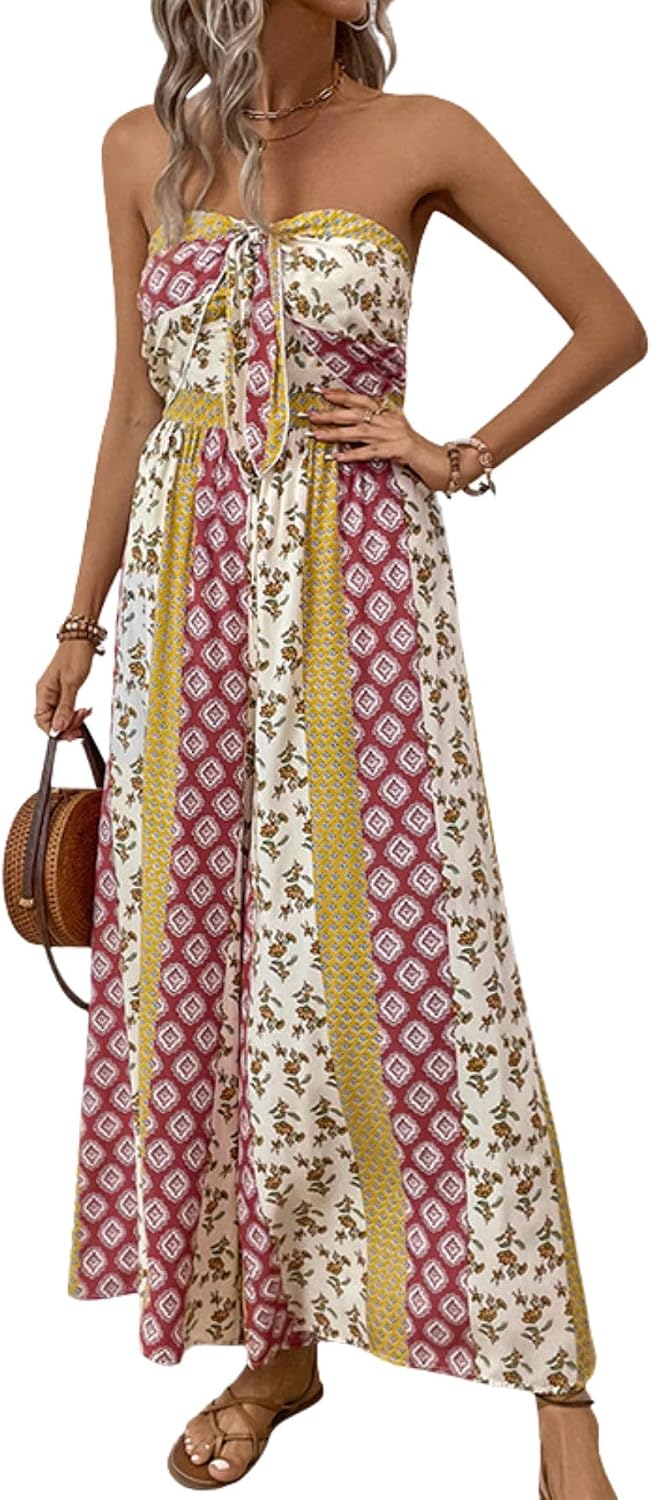 Women's Strapless Boho Jumpsuit High Waist Wide Leg Ethnic Print Summer Casual Vacation Outfit