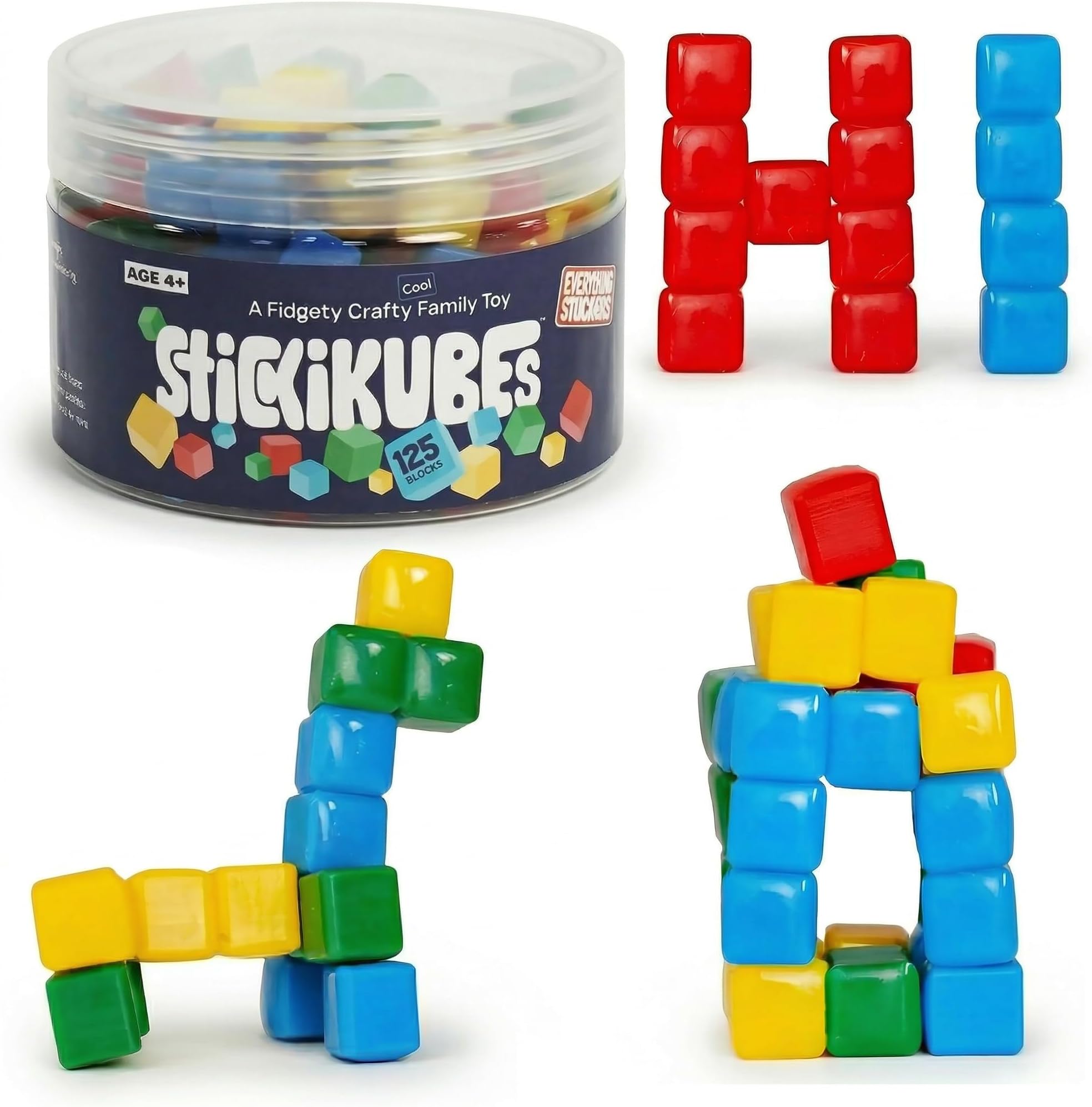 KOMARC GAMES StickiKubes, Mini Stacking Cubes that Stick to Anything, Non Toxic Kid Safe Sticky Blocks, Creative Construction Toy - 125 Cubes, 4 Colors, Tub