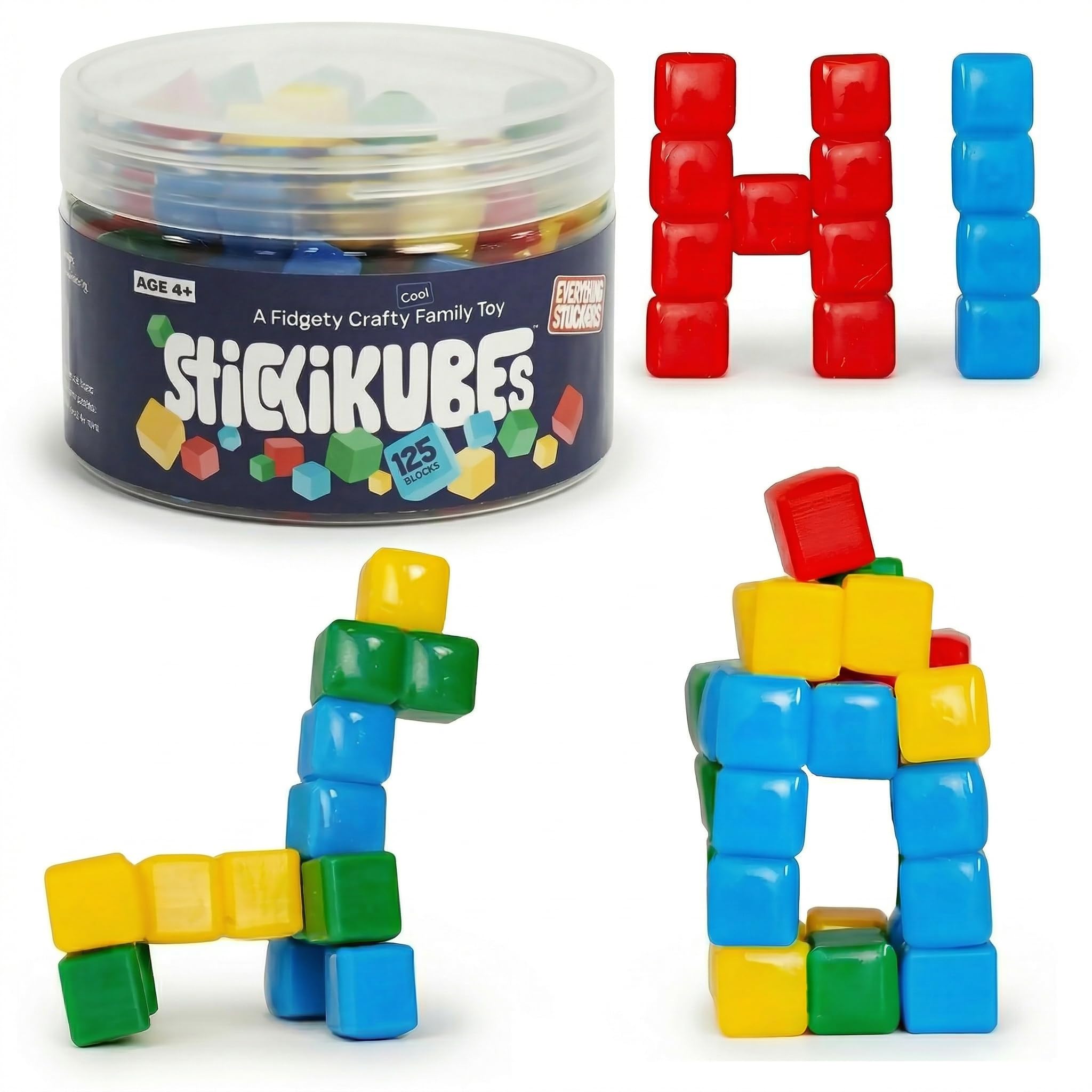 KOMARC GAMES StickiKubes, Mini Stacking Cubes That Stick to Anything, Non Toxic Kid Safe Sticky Blocks, Creative Construction Toy - 125 Cubes, 4 Colors, Tub
