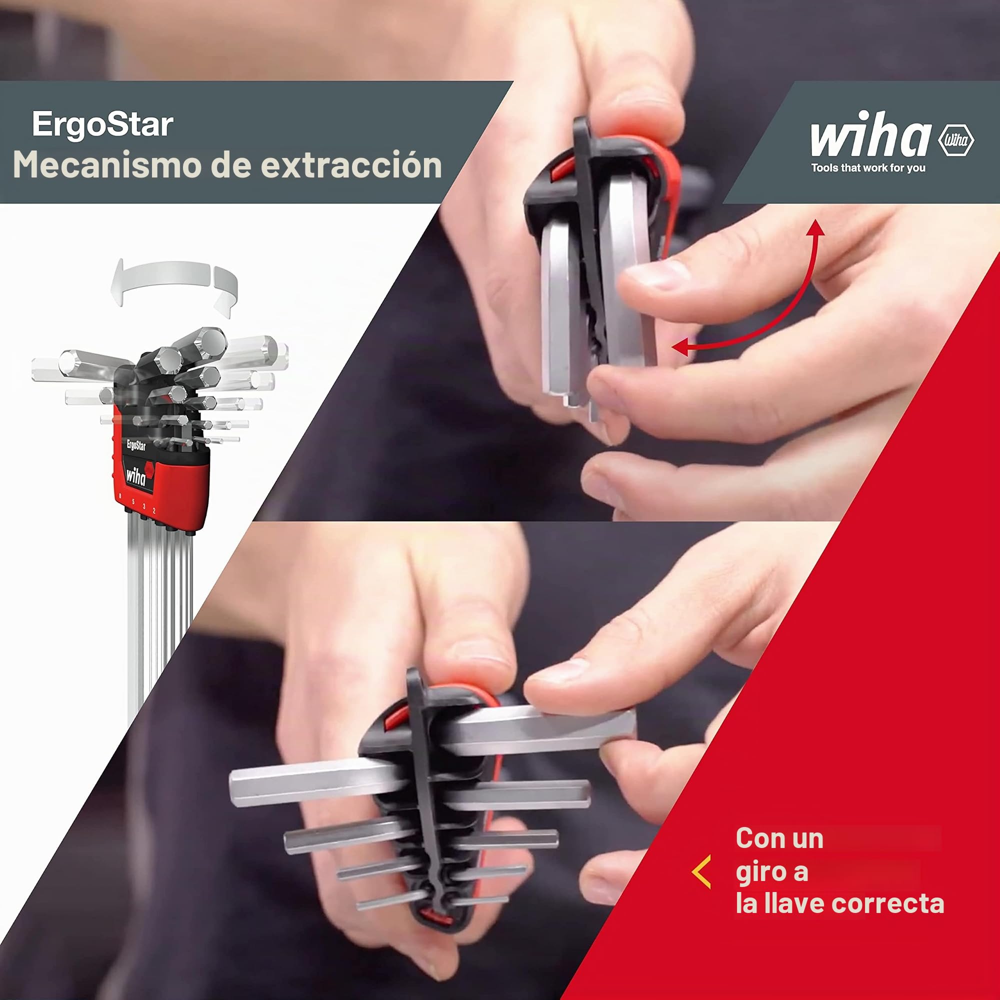 Wiha Juego de llaves Allen en soporte ErgoStar con cabeza esférica hexagonal MagicRing®, de 10 unid., en cromado mate (43851)