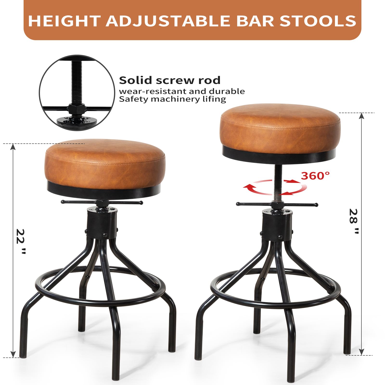 Taburetes de bar industriales de metal, juego de taburetes de bar giratorios ajustables, modernos de piel sintética de 28 pulgadas, redondo, sin espalda, altura de mostrador, silla de bar 4