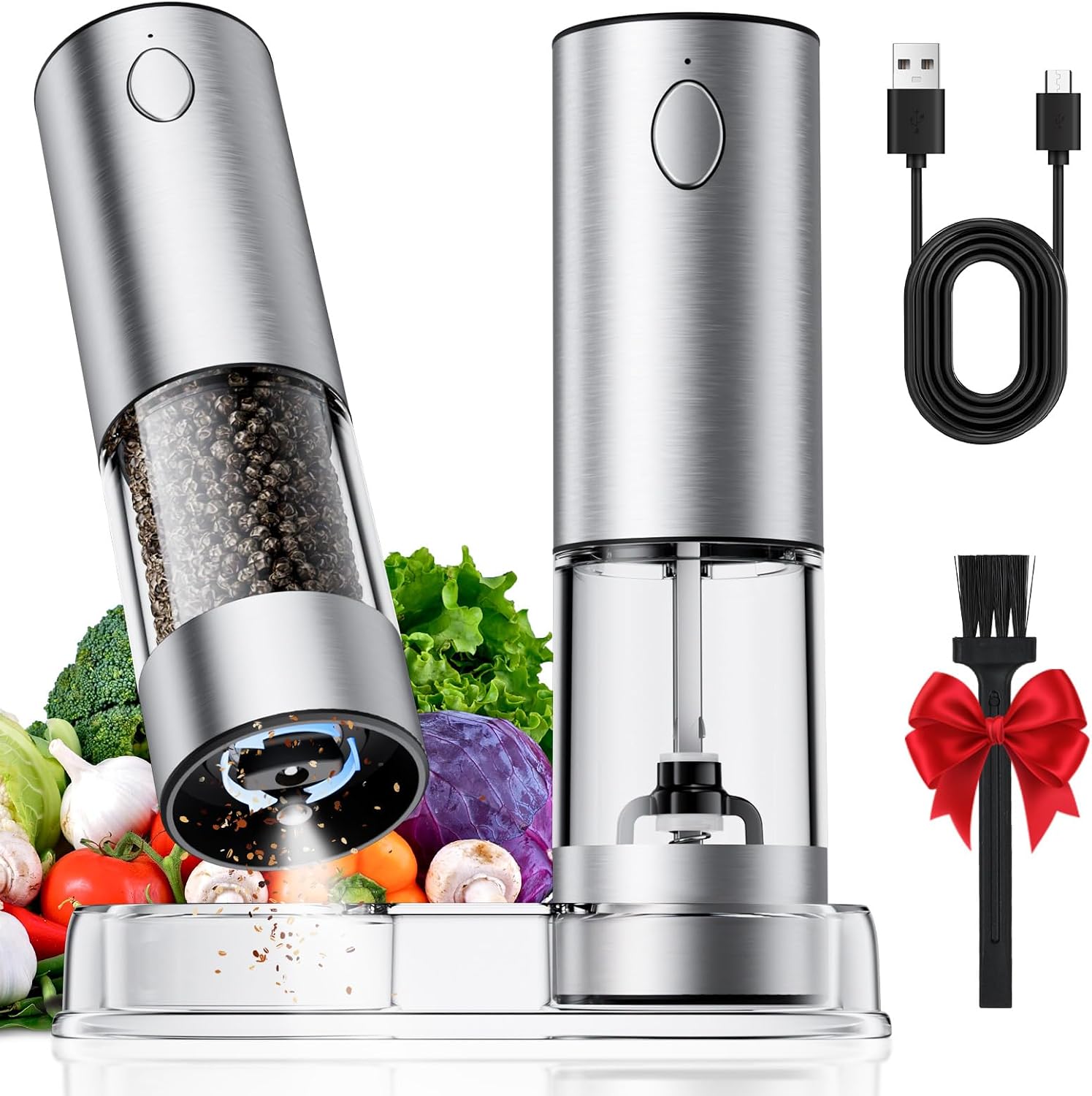 Larger Electric Salt and Pepper Grinder Set Rechargeable 3.2Oz Automatic Salt and Pepper Mill Grinder with Base Electric Salt and Pepper Shakers with Adjustable Coarseness, LED, Stainless Steel Silver