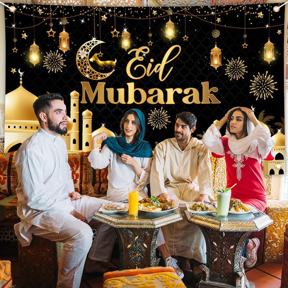 Avezano Eid Mubarak Banner Ramadan Mubarak Decorations Black and Gold Muslim Eid Mubarak Festival Party Background 6x3.6 ft