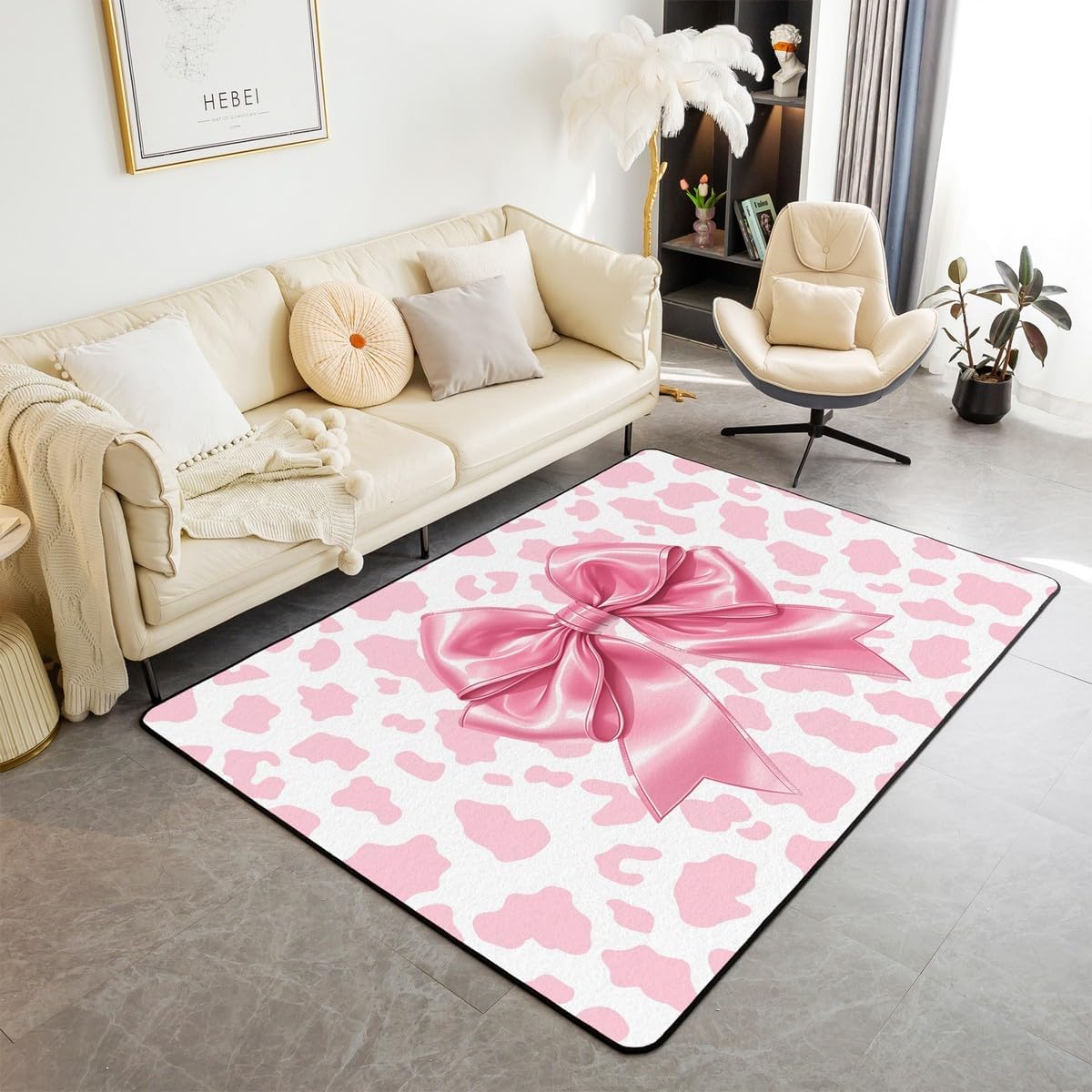 Princess Bow Area Rug 3x5 | Pink Cow Print Rugs for Living Room Kawaii Bow Tie Cute Ribbon Bowknot Washable Rug, Farmhouse Cowhide Western Carpet Indoor Floor Mat