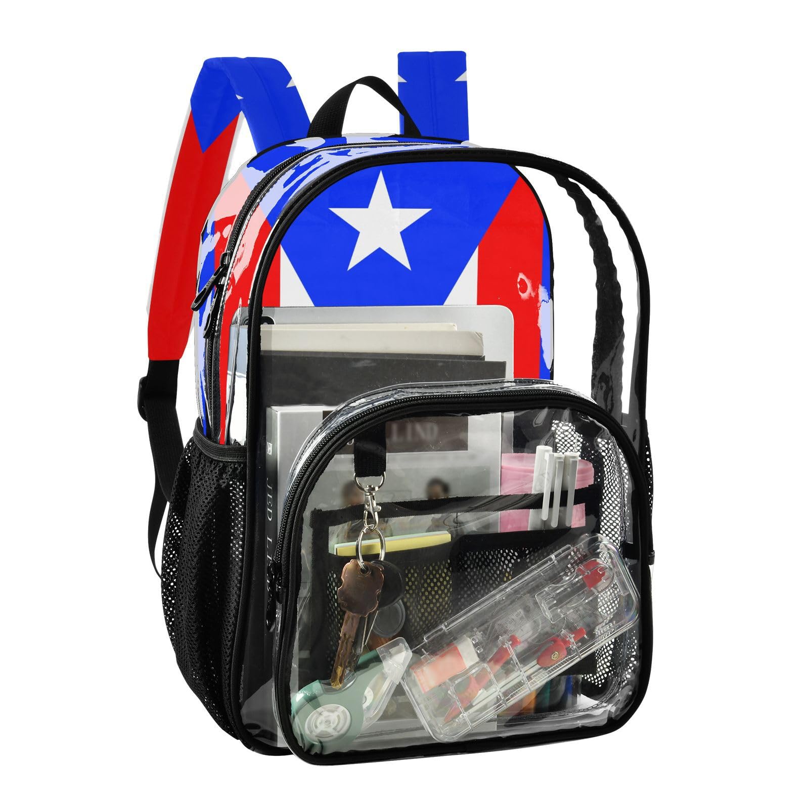 Aflyko Patriot PVC Backpack Flag Of Puerto Rico Transparent Bag Stadium Approved Daypack for Live House Concert Sport Game Festival Event Traveling