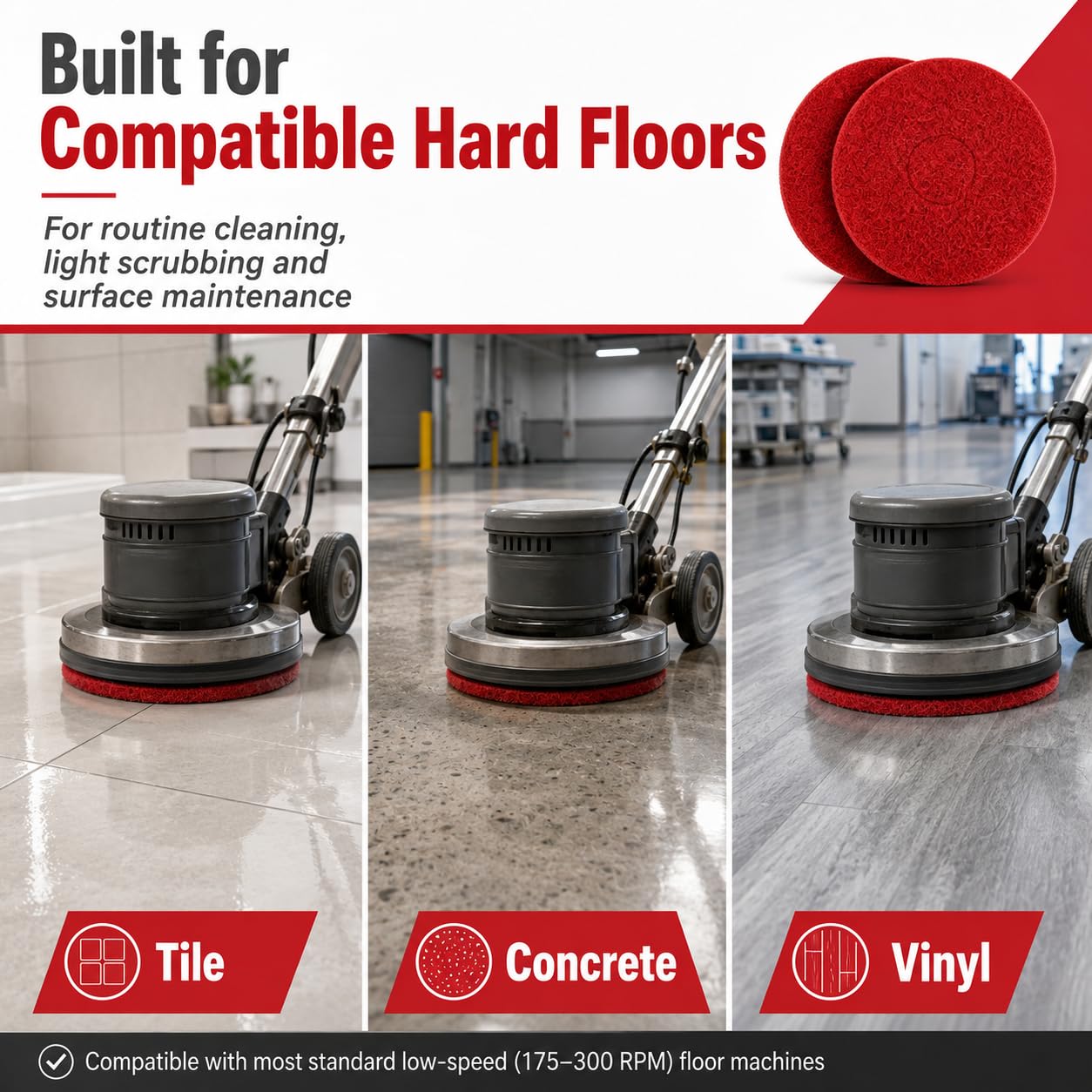 2-Pack 437.055 12-Inch Red Cleaning Pads Compatible with Oreck Orbiter | Fits Oreck Orbiter ORB550MC ORB300/400/550/600/700, tile concrete vinyl floors, routine cleaning buffing, 2 pack