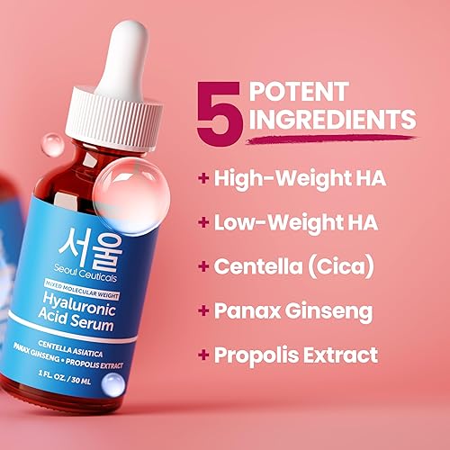Miniatura 4 de SeoulCeuticals Suero de ácido hialurónico coreano para la cara, ácido hialurónico de alto peso molecular y bajo peso molecular, suero centella +