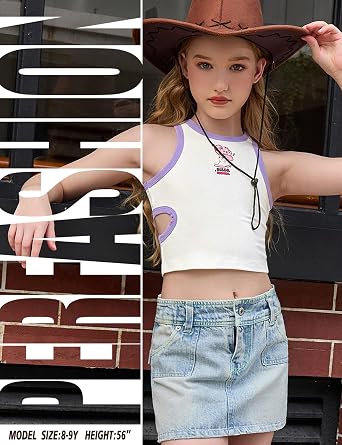 Perfashion ガールズ タンクトップ リブ編み ノースリーブ ダンス クロップトップ 子供用 アスレチック フィット 夏 4-13歳
