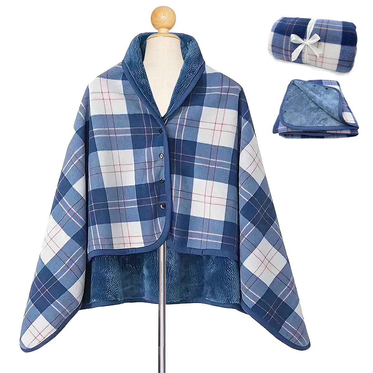 Wheelchair Warmer Cover Blanket, Scarf Blanket for Adults with Flannel Lining, Portable Warm Cape Poncho for Wheelchair Users (Blue)
