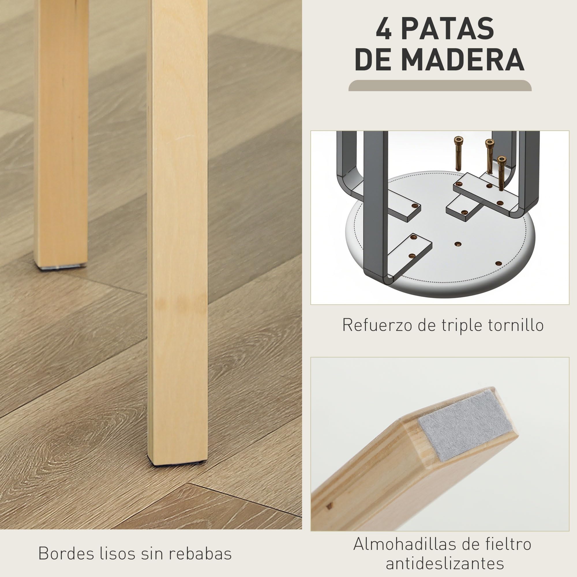HOMCOM Juego de 4 Taburetes Apilables Redondos Taburetes Bajo de Cocina de Madera con Asiento Acolchado para Comedor Dormitorio Oficina Salón Gris y Natural