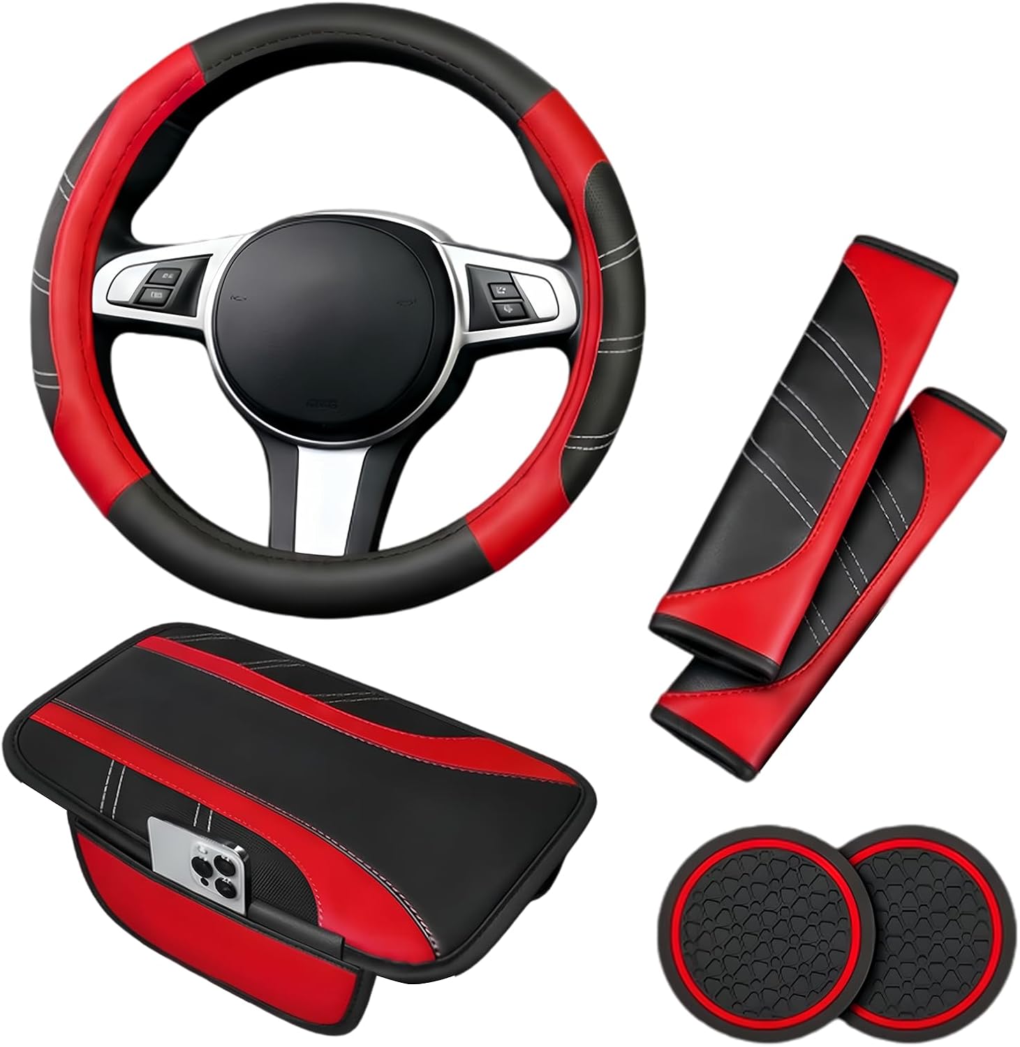 6 PCS Car Accessories Set, 14.5"-15" Leather Steering Wheel Cover, Center Console Cover, Seat Belt Cushion, Car Coaster, Auto Interior Accessories, Universal for Truck SUV Van (Black & Red)