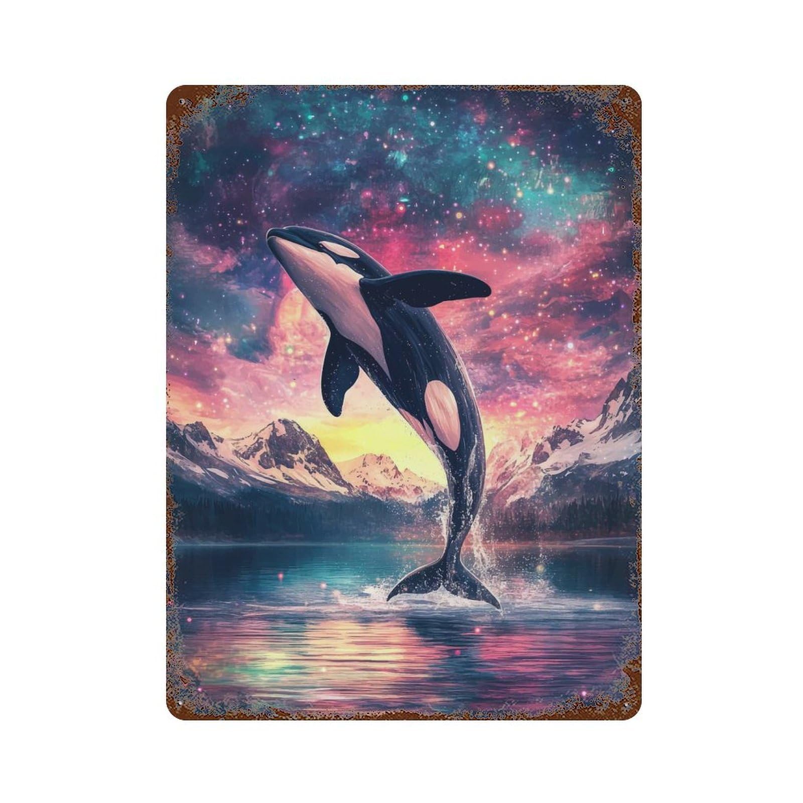 Decorative Tin Sign with Orca Leaping Into The Stars Design 15.7"x11.8", for Garage, Bar And Workshop Decor, Decorative Metal Wall Art