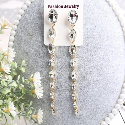Miniatura 3 de Aretes largos de cadena con cuentas de cristal para mujer, aretes colgantes de borla bohemia, aretes lineales brillantes con diamantes de imitación