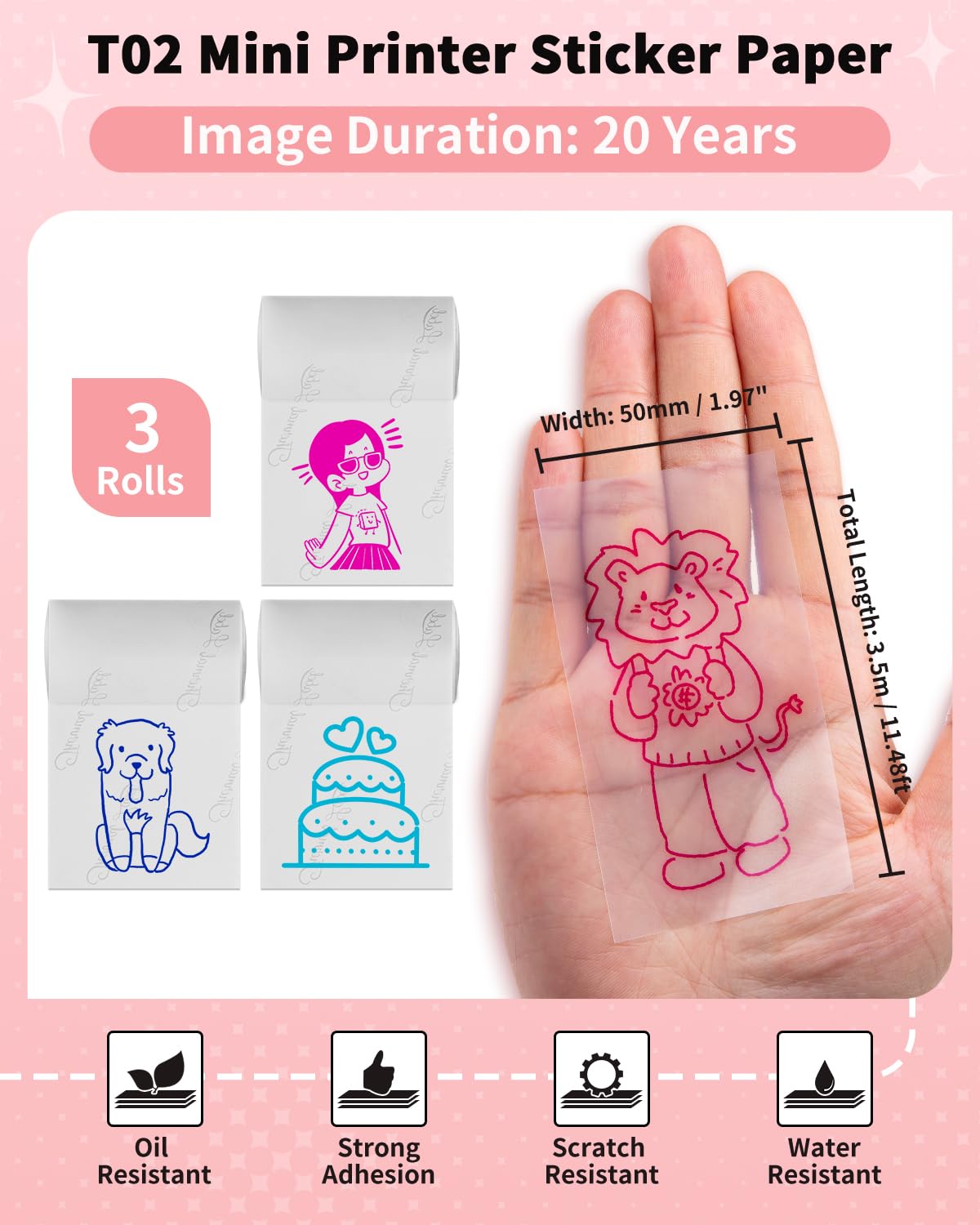 Memoking T02 Color Sticker Paper - Colorful Transparent Sticky T02 Mini Printer Sticker Paper Refill, 50 mm x 3.5 m, Keep for 20 yrs, for Journal Photo Study Notes, 3 Rolls - Image 3