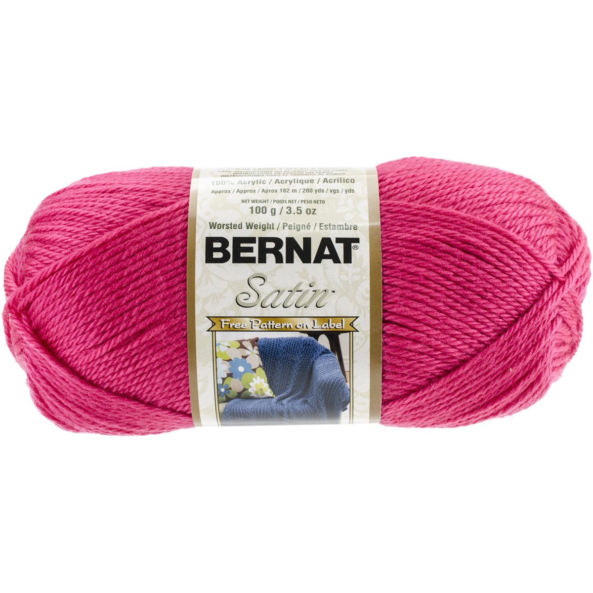 Bernat Satin Solid Yarn , Gauge 4 Medium Worsted 100% Acrylic - 3.5oz - Fuchsia - Machine Wash & Dry