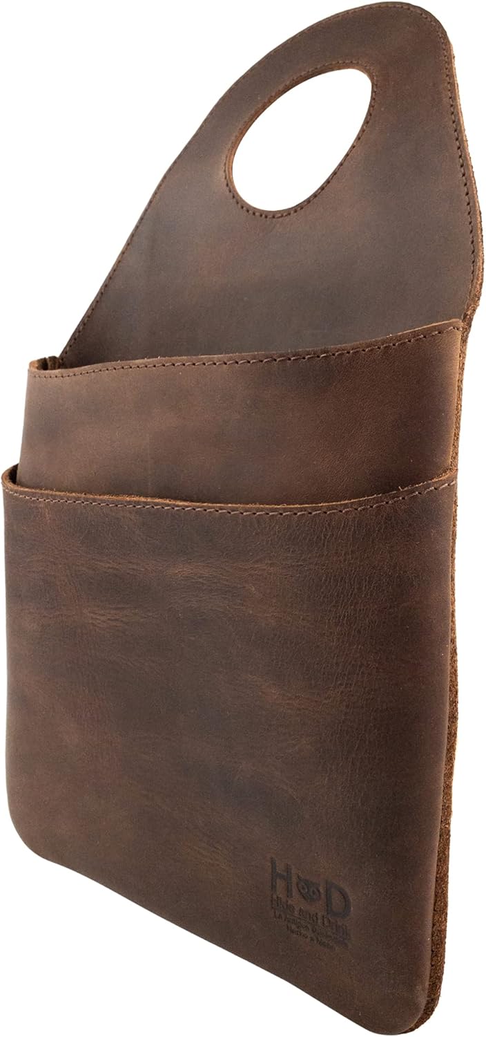 Hide & Drink, Seat Side Organizer for Gear Stick Handmade from Full Grain Leather, Portable Double Bag, Vintage Storage, Travel Accessories - Bourbon Brown