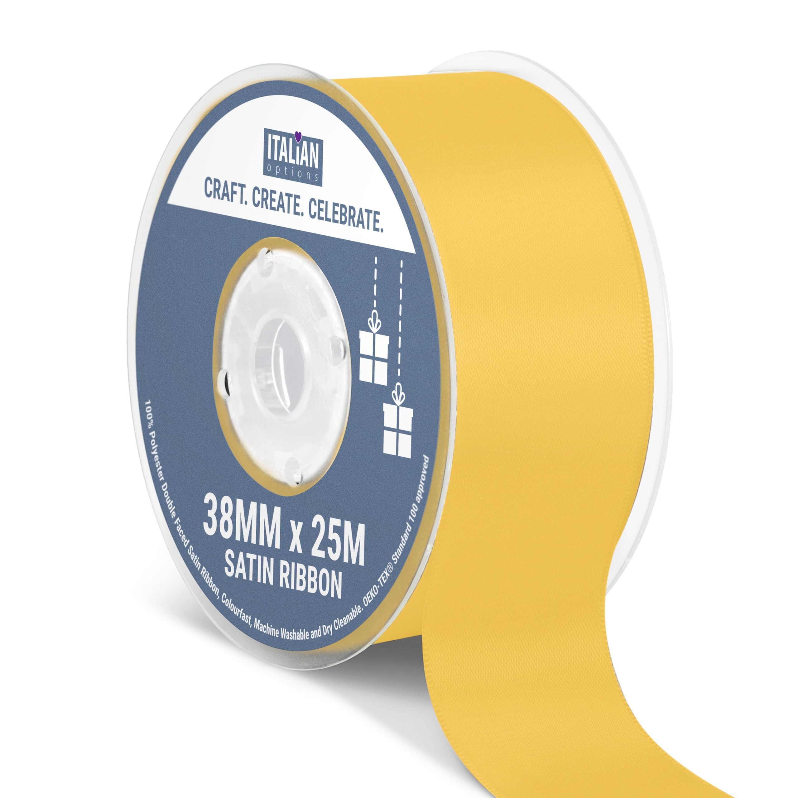 Italian Options Satin Ribbon, Fabric Ribbons for Gift Wrapping, Crafting, Balloons, Wedding Car, Presents, Cake, Christmas, Birthday, Gift Wrap Accessories, 10mm Wide x 25 Metre Roll, Lemon — view 85