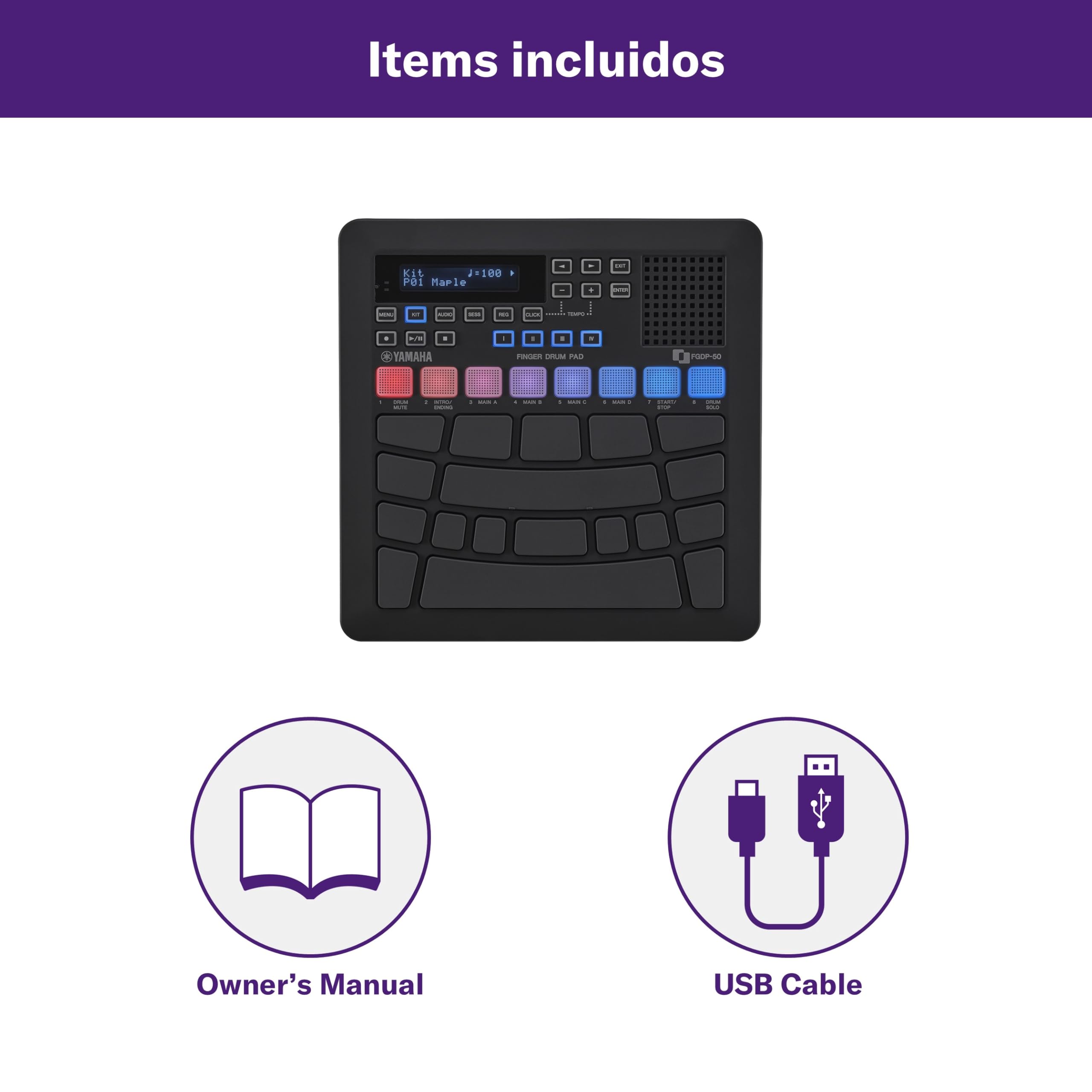YAMAHA FGDP-50 Finger Drum Pad – Pad de Batería Electrónico Avanzado, Pads Ultra Sensibles, 48 Kits Preestablecidos, 1.500 Sonidos, Altavoz Incorporado, USB MIDI/Audio, Batería Recargable, Entrada AUX