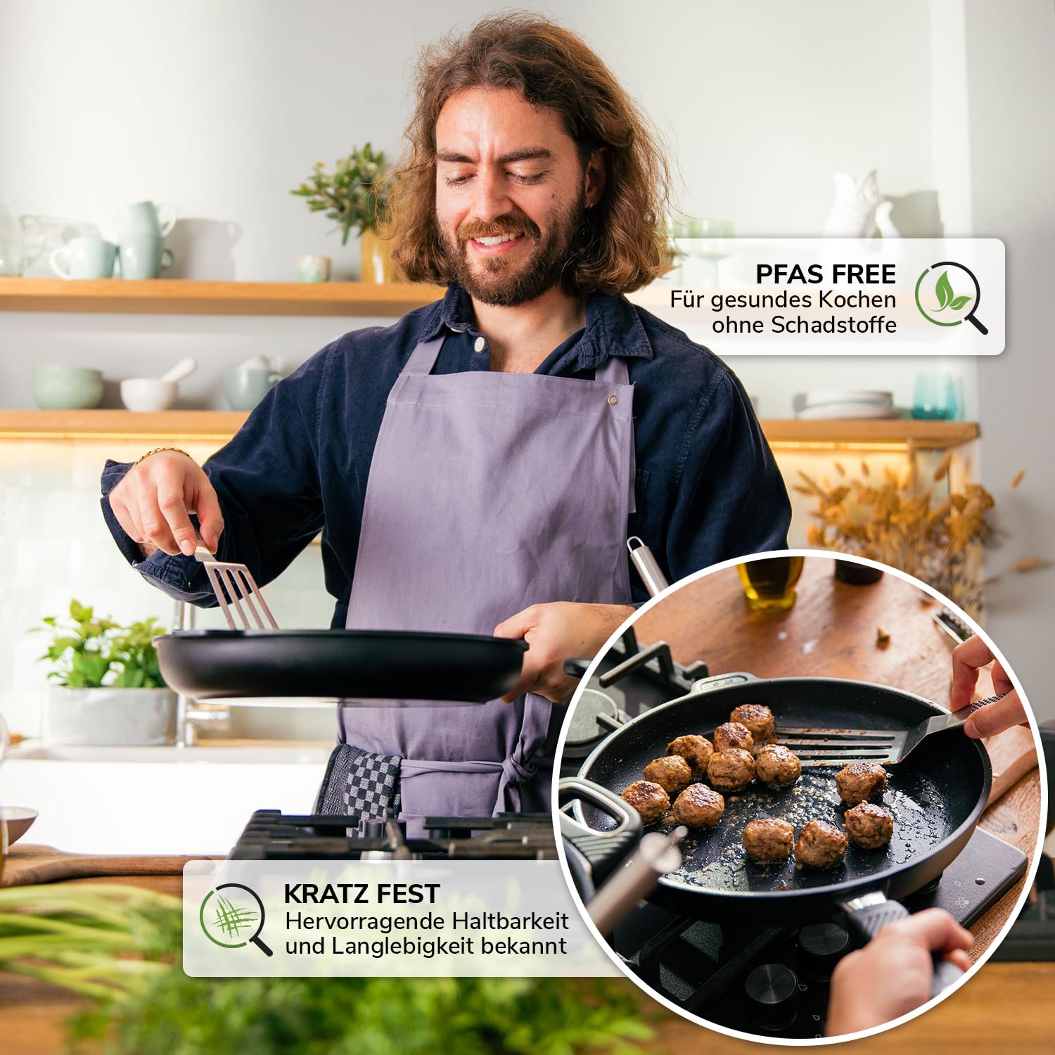Premium Sauteuse Pfanne 24 cm – PFAS-freie Antihaft Pfanne aus Dänemark | Ofenfest bis 260 °C, induktionsgeeignet, ergonomisch geformt, für gesundes Kochen ohne Schadstoffe | Non Stick Pan