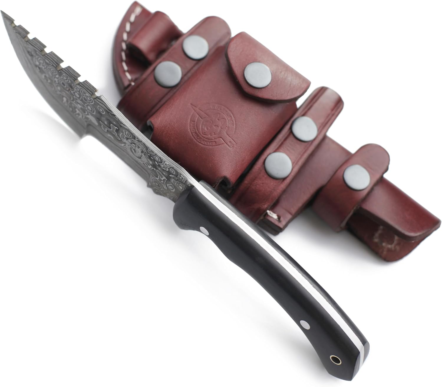 Handmade Damascus Steel Bowie Tracker Knife for EDC, Hunting, Bushcraft, Skinning, Survival, and Camping – Full Tang Micarta Handle with Sharpening Stone & Cowhide Leather Sheath – Perfect for Tracker Enthusiasts - DCX17-63. (Gritstrike Hunter)