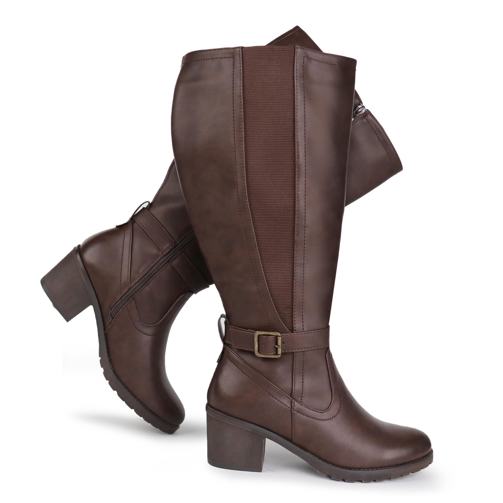 Botas altas hasta la rodilla con cremallera lateral y panel elástico de pantorrilla extra ancha para mujer con tacón de bloque