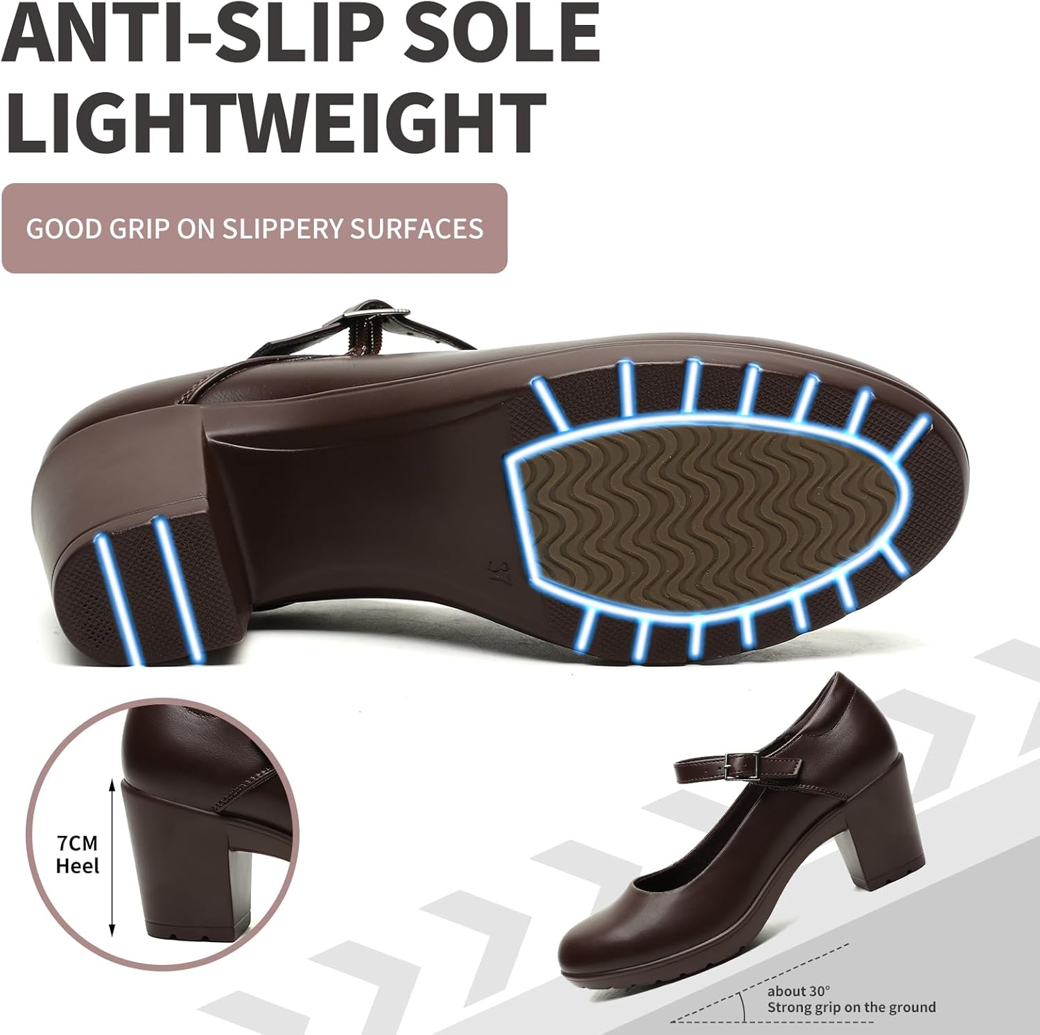 Womens Mary Jane Dress Shoes Chunky Low Block Heels 7CM Closed Toe Work Platform Pumps Dressy Orthopedic for Business Flight Wedding Office Ankle Strap Leather Casual Comfort with Arch Support - Image 6