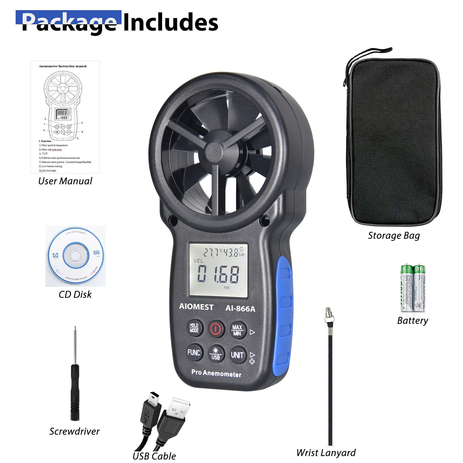 Anemometer Digitales Luftmengenmesser m³/h, AIOMEST Windmesser Windmessgerät AI-866A für Windgeschwindigkeit, Volumenstrom, Temperatur, Feuchte, mit USB-PC-Sync für Klima RLT-Anlage Lüftungsanlage