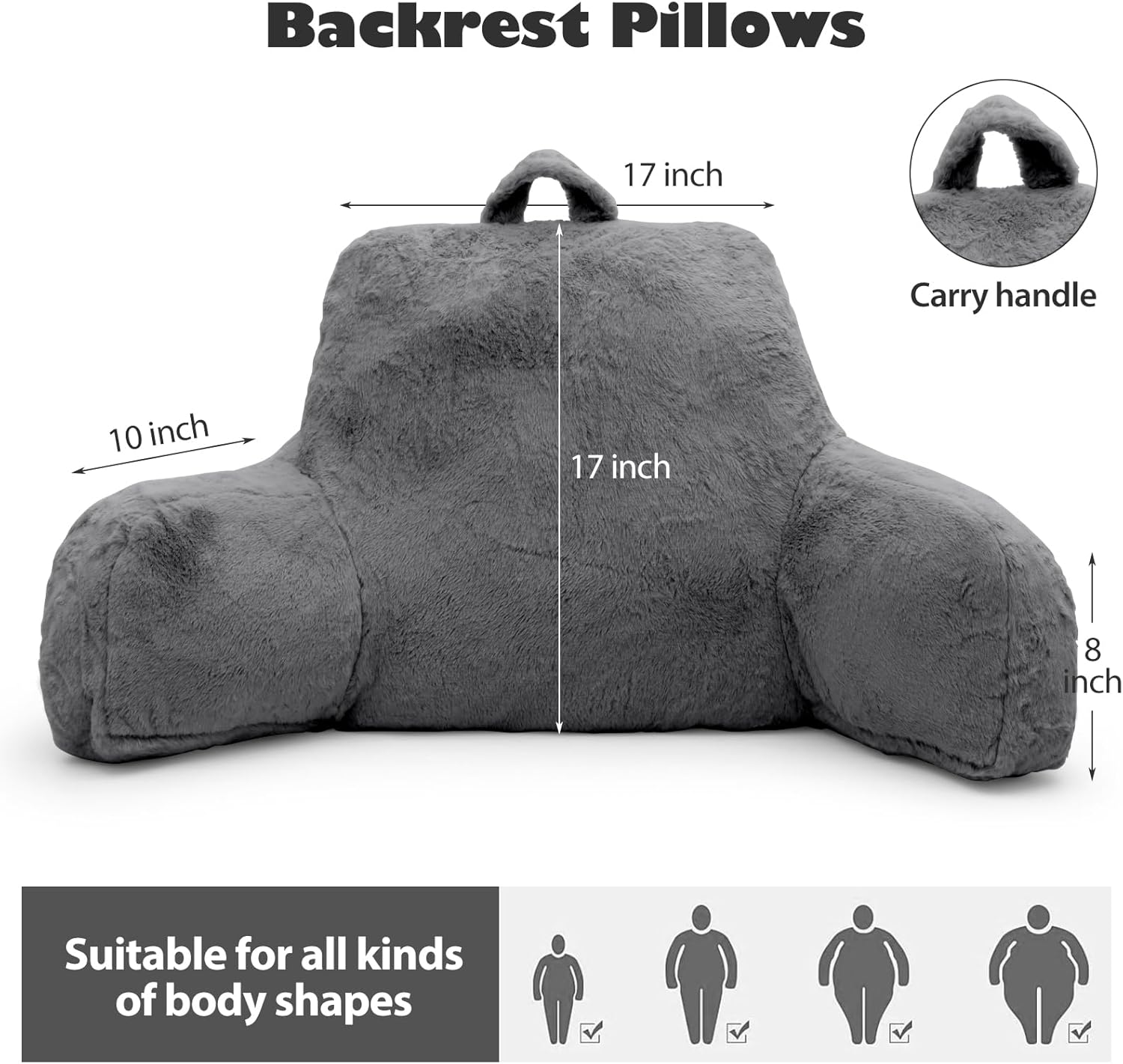 Reading Pillow for Sitting in Bed Adult, Standard Reading Pillow with Memory Foam, Back Pillow for Bed Sitting Up with Extend Arms, Grey