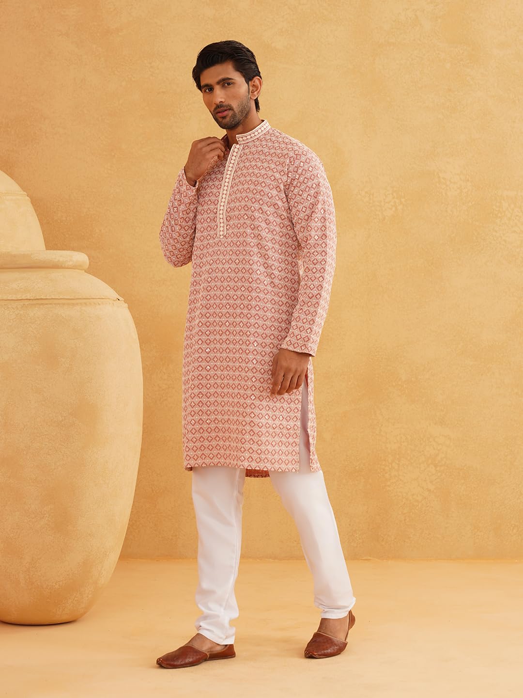 Sojanya (Since 1958 Men's Cotton Gold Embroidered Sequinned Peach Kurta With White Churidar Pyjama