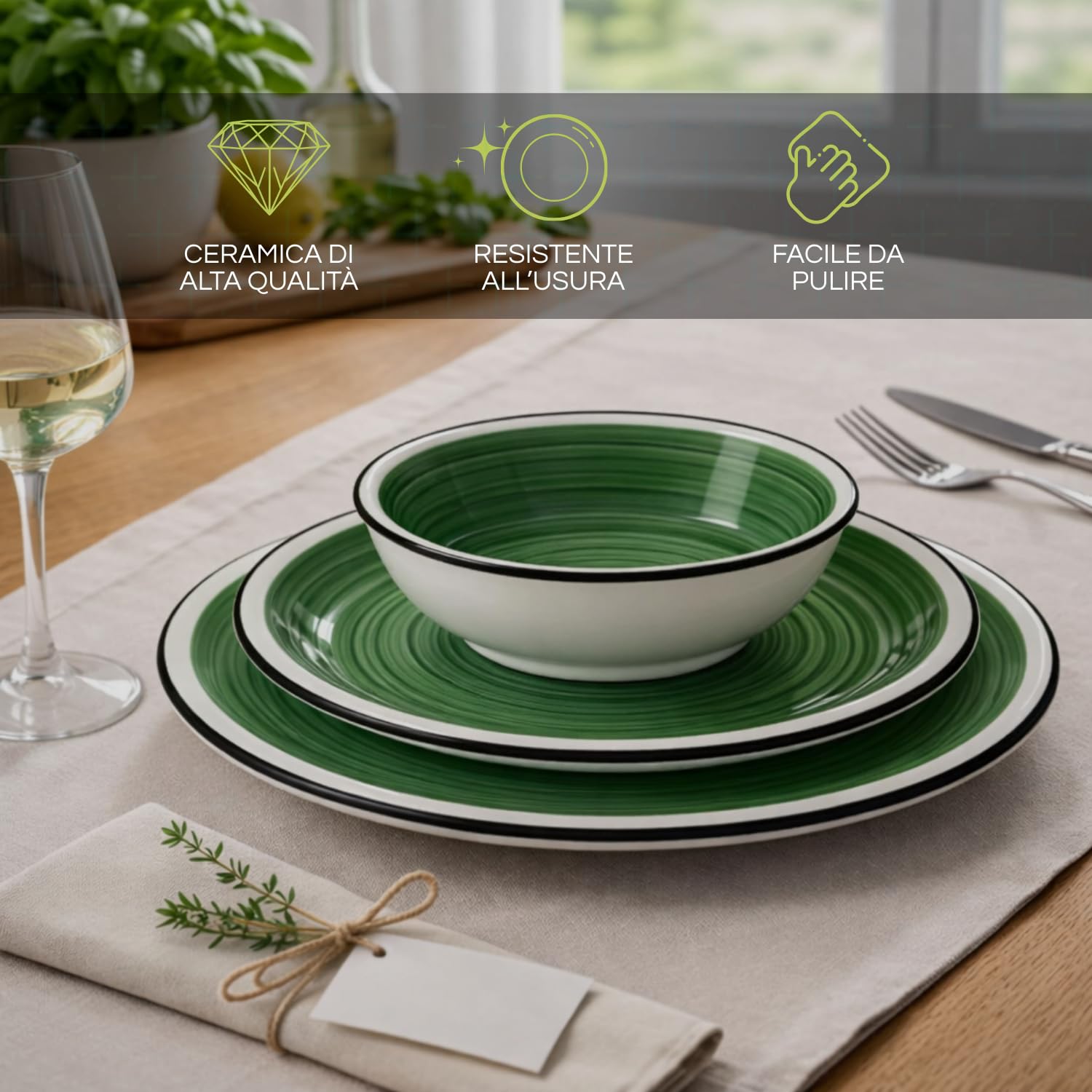 Paluplus Set 18 Piatti Rotondi in Ceramica Multicolor, Servizio per 6 Persone composto da Piatto Fondo Diam.21cm, Piatto Piano Diam.26,5cm e Piattino Dessert Diam.19cm -5165F -12