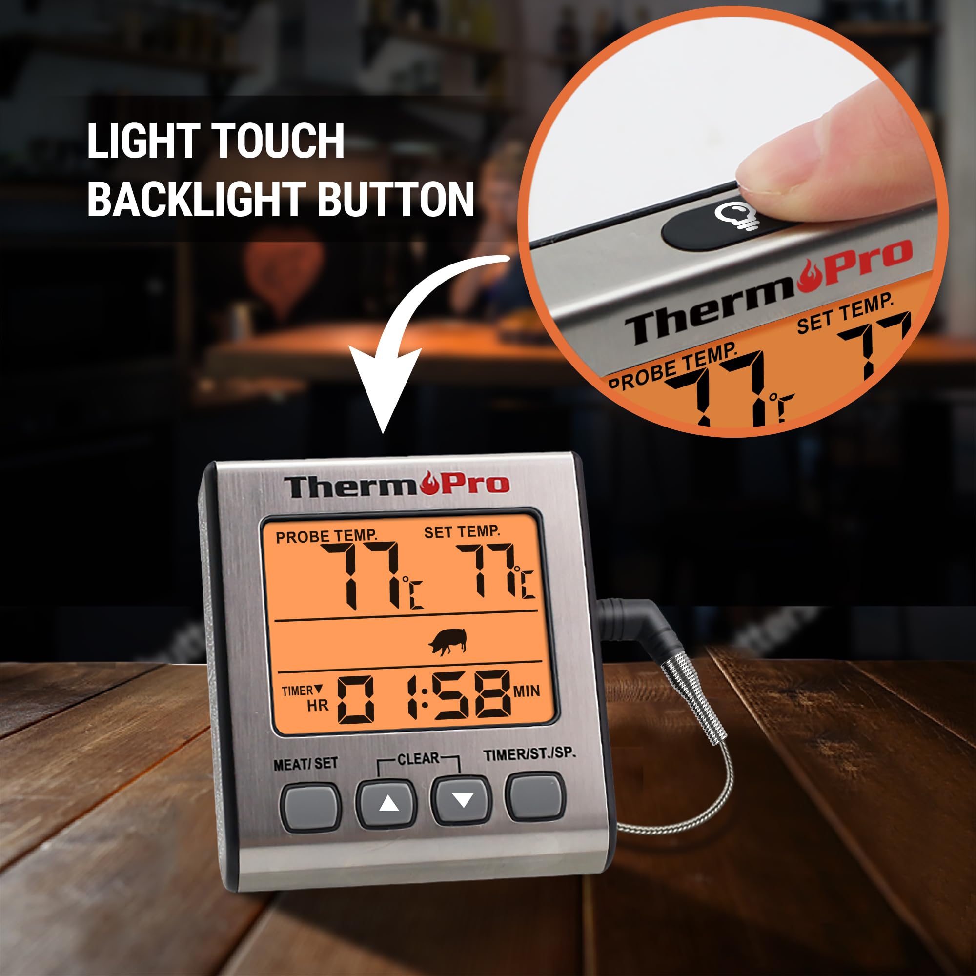 ThermoPro TP16S cyfrowy termometr do mięsa, dokładny termometr na cukierki, wędzarnia, gotowanie, jedzenie, grill, termometr do grillowania z inteligentnym trybem gotowania i podświetleniem