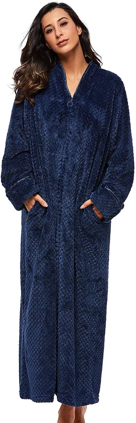Ladies Soft Fleece Dressing Gown Full Length Fluffy Bathrobe Zip Up