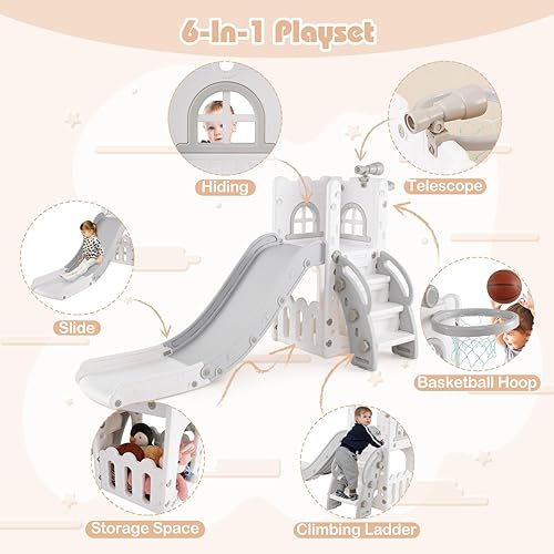 Miniatura 2 de BABY JOY Tobogán para niños pequeños, juego de tobogán 6 en 1 para interiores con aro de baloncesto, telescopio, escalera de escalada y espacio de