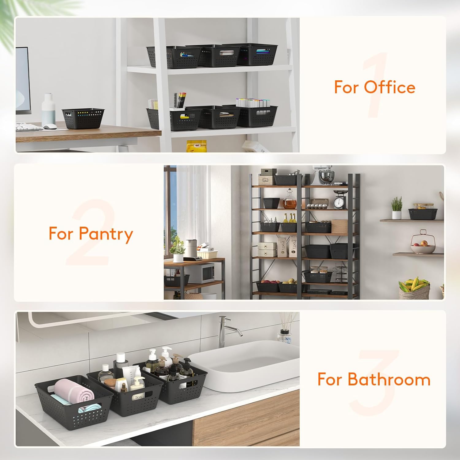 Lifewit Plastic Storage Basket, 12 Pack Stackable Storage Bins for Organizing, Multi Size Open Containers for Shelving, Pantry, Office and Cabinet, 8 Large and 4 Small Size, Black