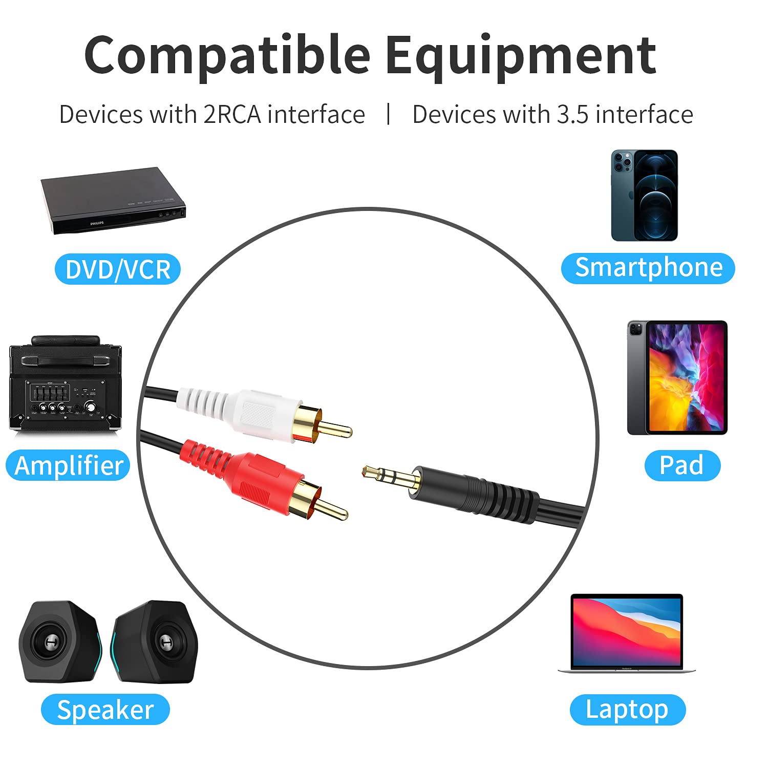 Cavo RCA da 3,5 mm a 2 maschio da 1,8 m, adattatore audio stereo intrecciato Hi-Fi Sound ausiliario RCA Y Splitter, guscio in metallo schermato, cavo AUX RCA Y compatibile con smartphone, MP3,