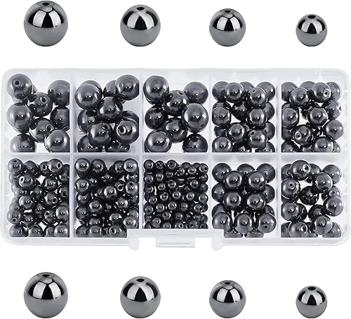 PH PandaHall Cuentas de hematita sintética negra, 316 cuentas redondas de piedras preciosas de 4 tamaños, cuentas sueltas con agujero de 0.04 a