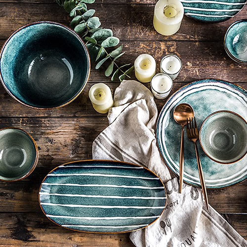 H3TF5J Japoński ceramiczny zestaw zastawy stołowej, technologia glazury zmieniającej kolory pieca, ręcznie malowana konstrukcja paska, wytrzymała porcelanowa porcelana (12 szt.