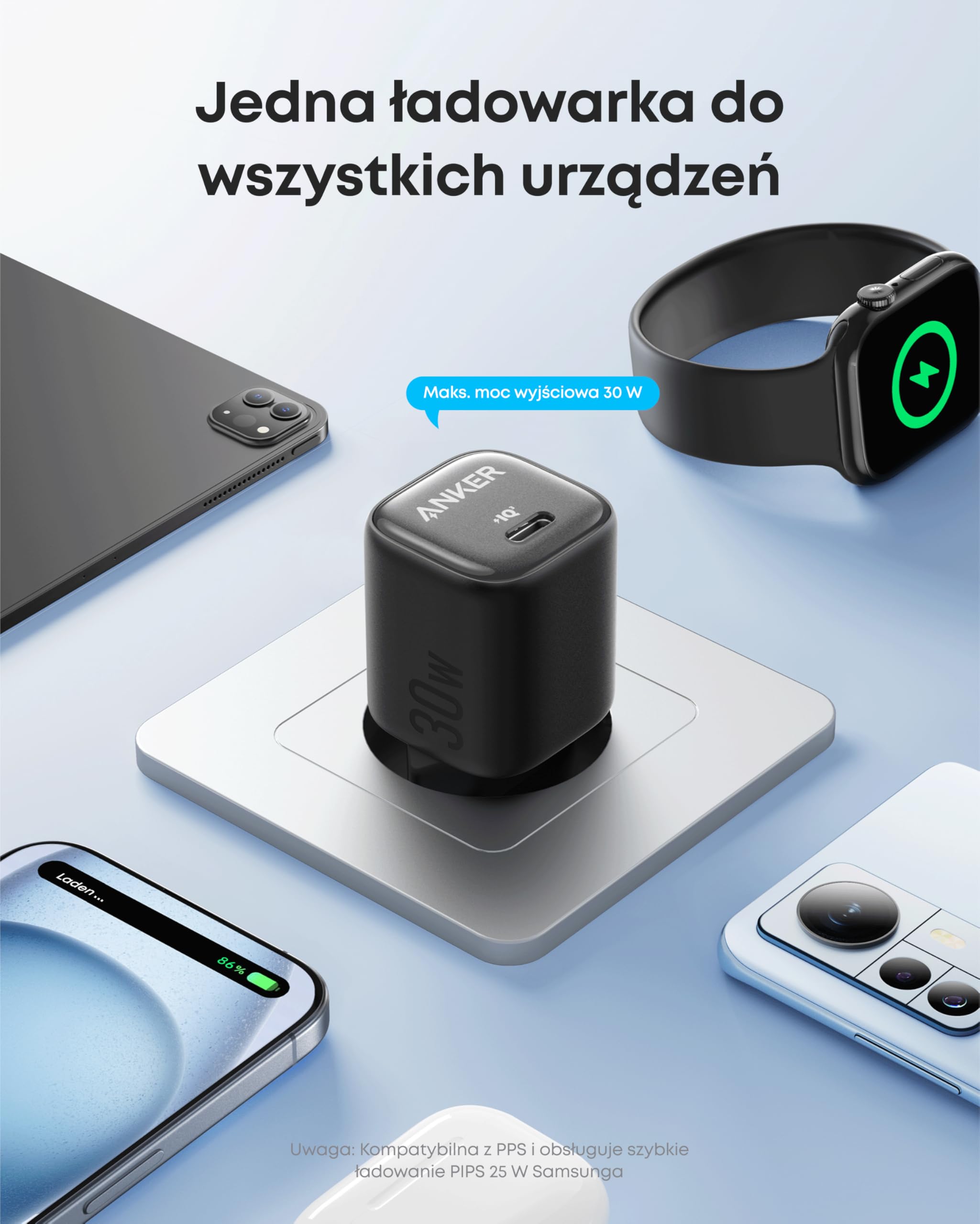 Anker Ładowarka USB C 30 W, kompaktowa ładowarka GaN, 3 x szybsze ładowanie, zasilacz USB C, kompatybilny z serii iPhone 17/16/15, iPad, Samsung Galaxy S24/S23, Pixel i wieloma innymi（Czarny）