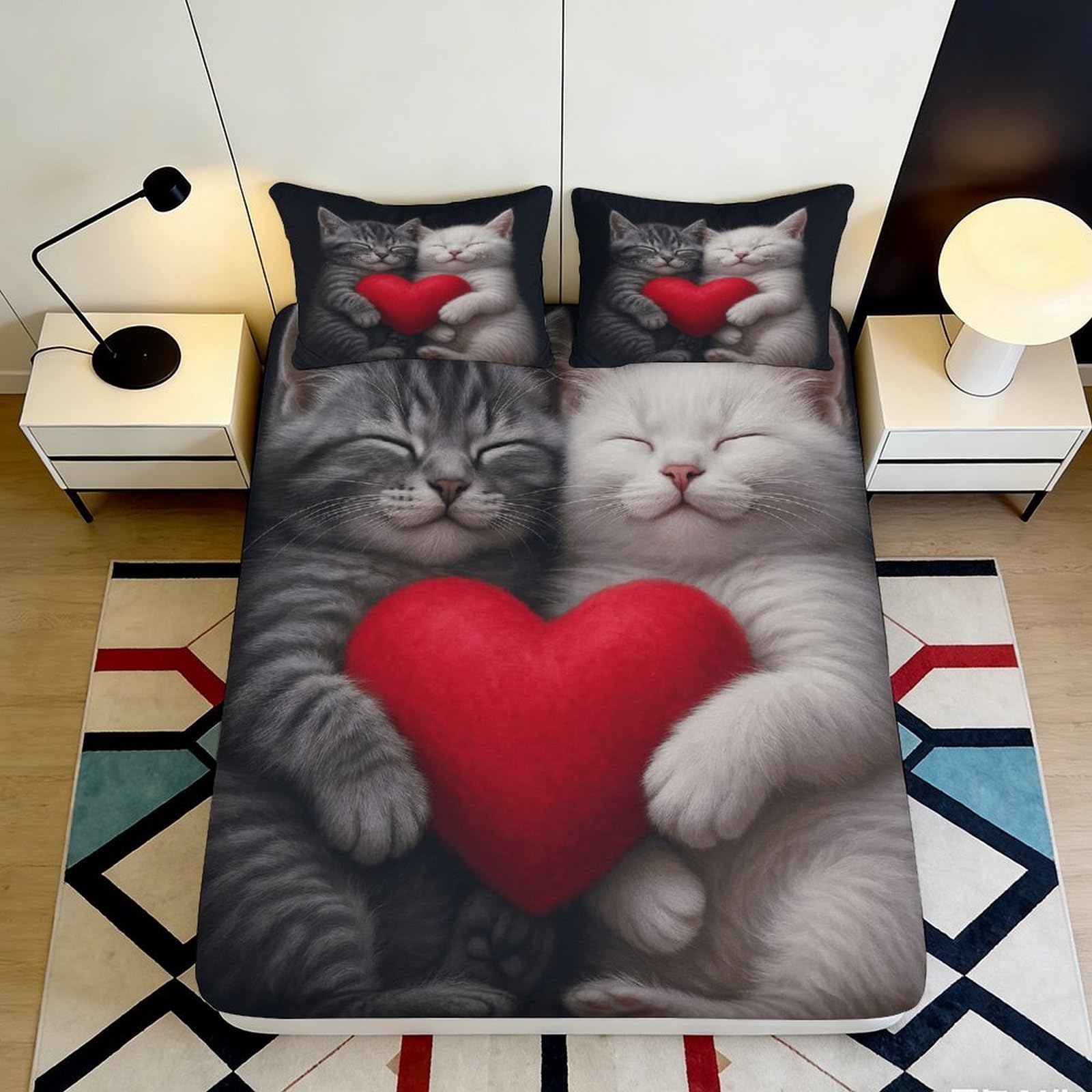 3D Printed Cute Cat Couple Fitted Sheet Microfiber Soft Red Heart Bed Cover for Bedroom Guest Room Decor 90x200x25cm