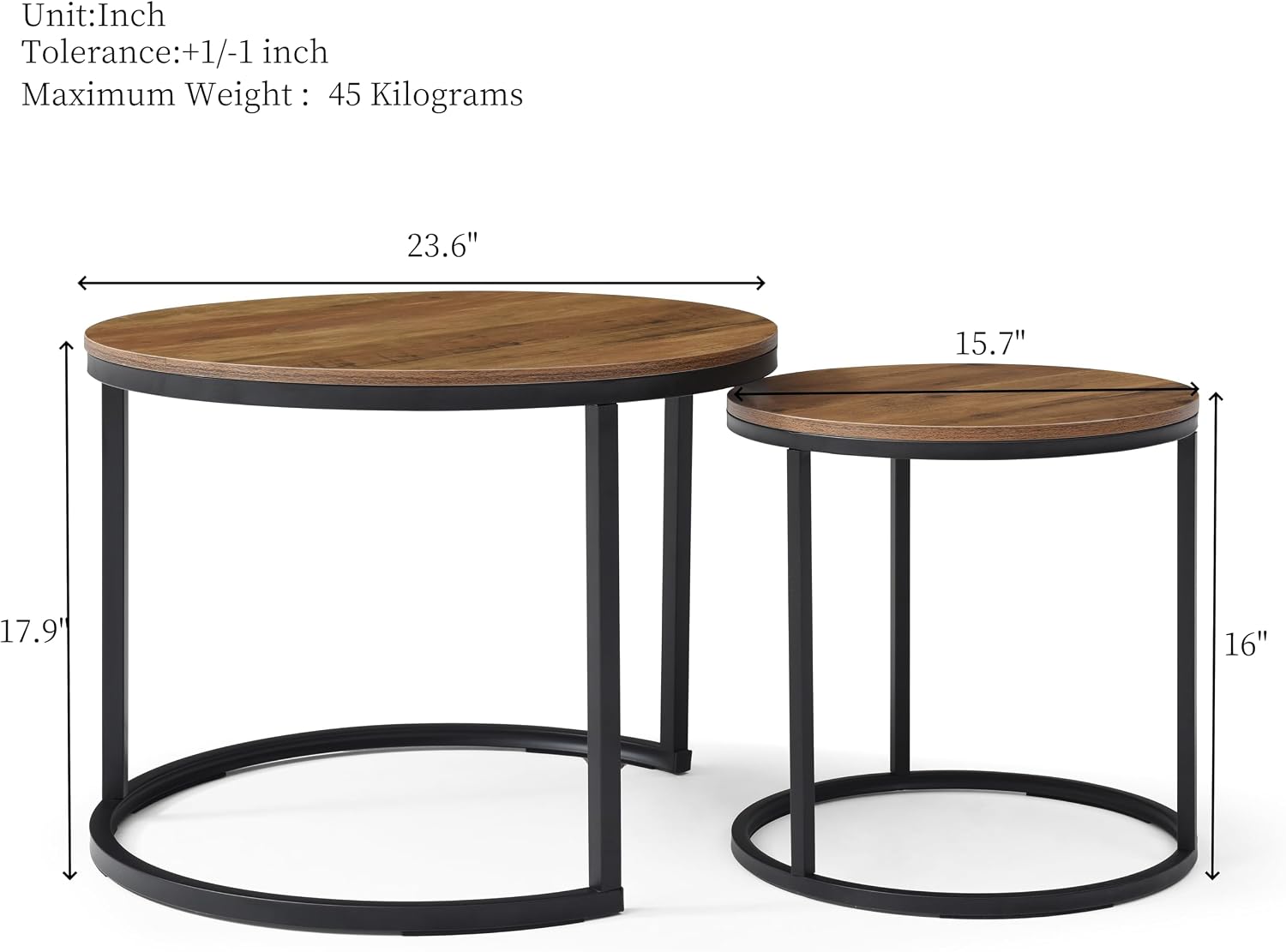 Nesting Coffee Table, Round Coffee Tables with Walnut Top and Black Metal Frame, Coffee Table End Table Side Table Set of 2 for Living Room Bedroom