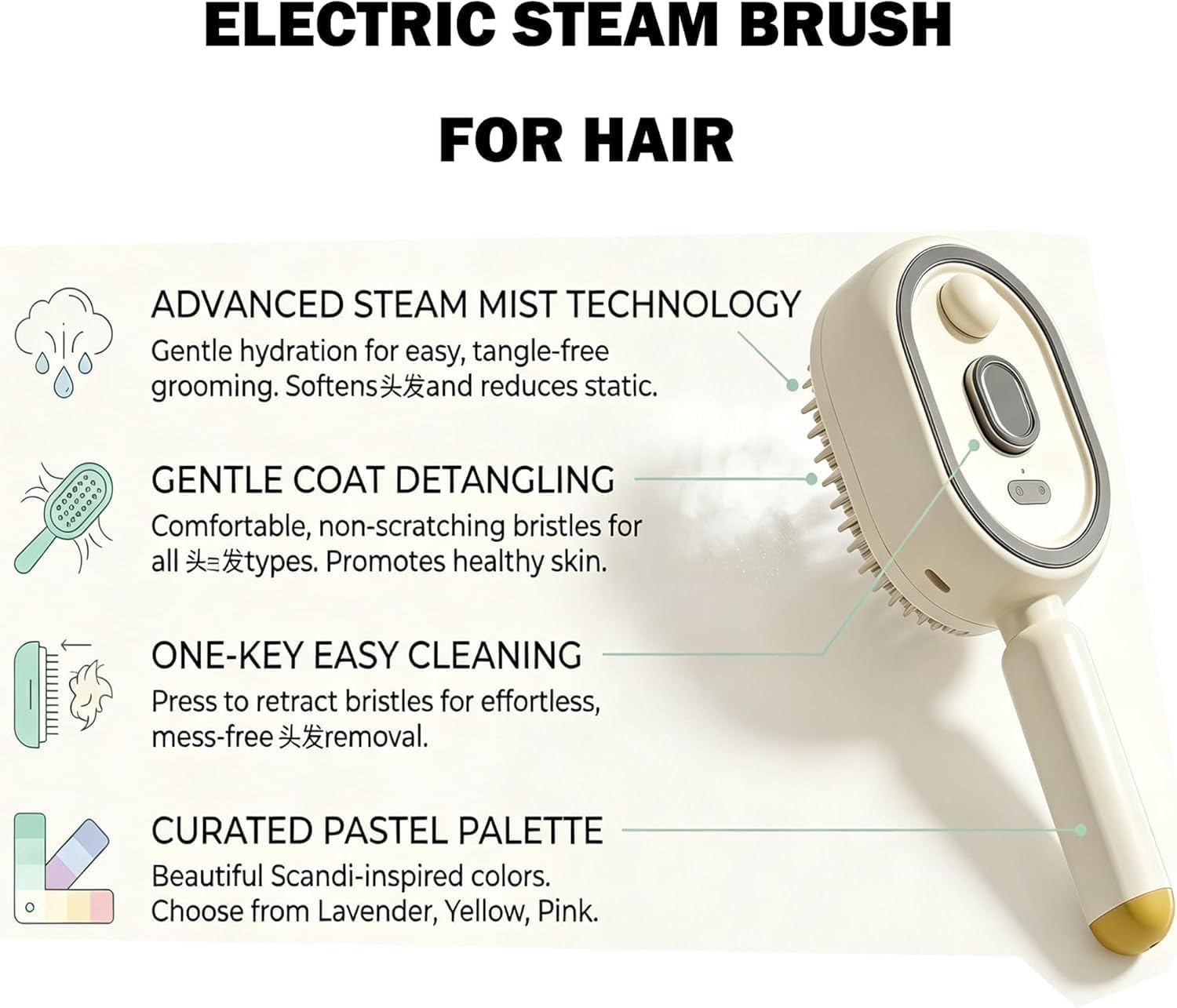 Electric Steam Brush, 2026 New Electric Steam Hair Straightener Brush, Portable Rechargeable Cordless Hair Tool, Electrically Spray Air Cushion Comb, Reduces Frizz, Nourishes Hair (Off-White)